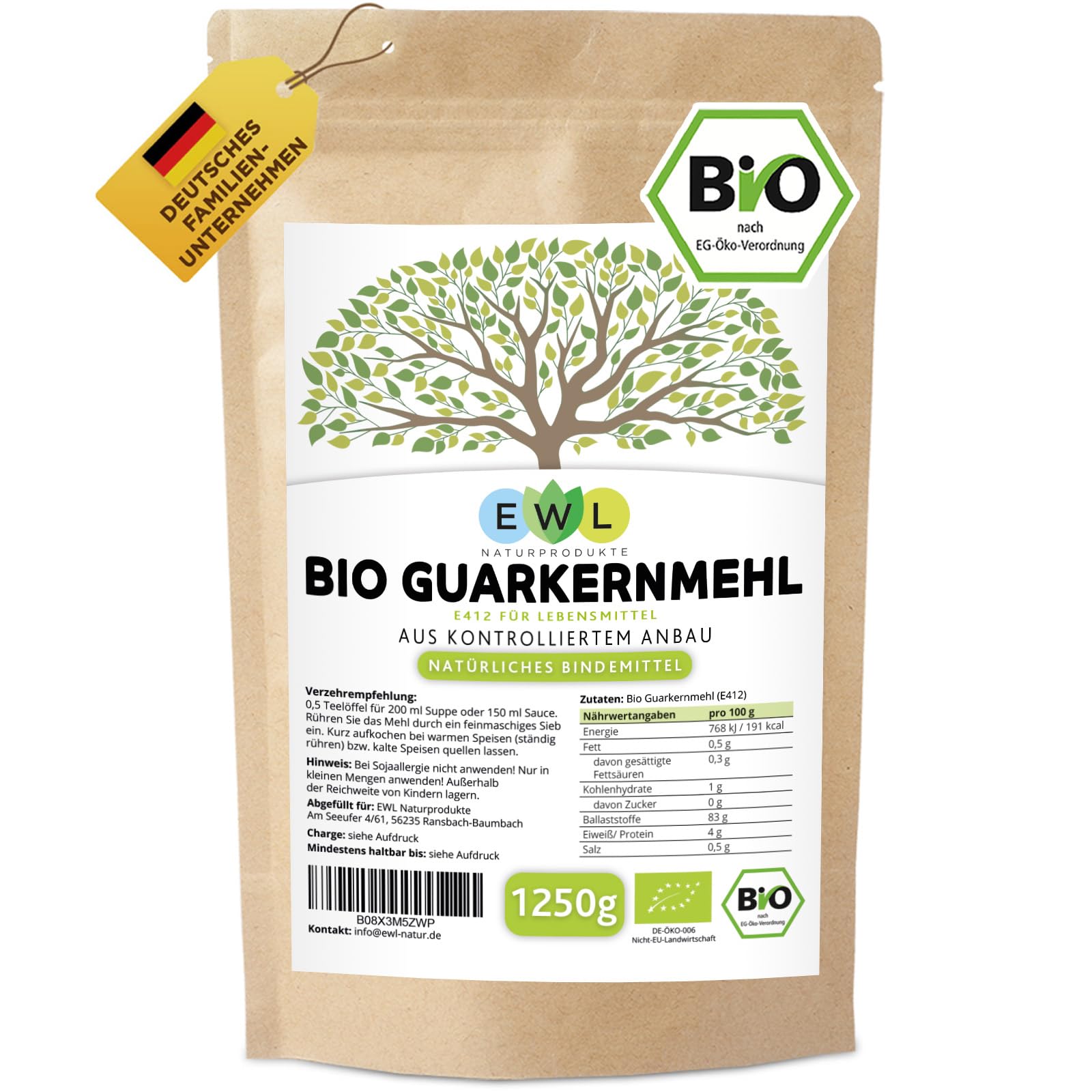 EWL Naturprodukte BIO Guarkernmehl 1250 g, XXL Vorteilspack, Guar Gum, Bio Guarkern Mehl aus kontrolliertem Anbau, Guarkernmehl E412, glutenfrei, Bindemittel, Verdickungsmittel