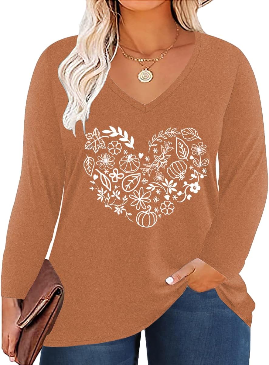 ForHailey Women's Plus Size Tops Long Sleeve Tee Shirt V Neck Basic Ladies Loose Fit T Shirt