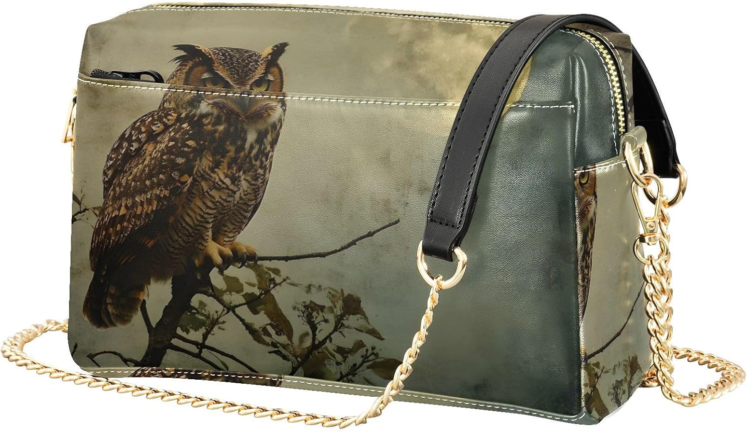 Women Crossbody Bag Shoulder Handbag Cellphone Purse Vintage Owl Sun Print, PU Leather Metal Chain Strap Water Resistant Zipper Closure