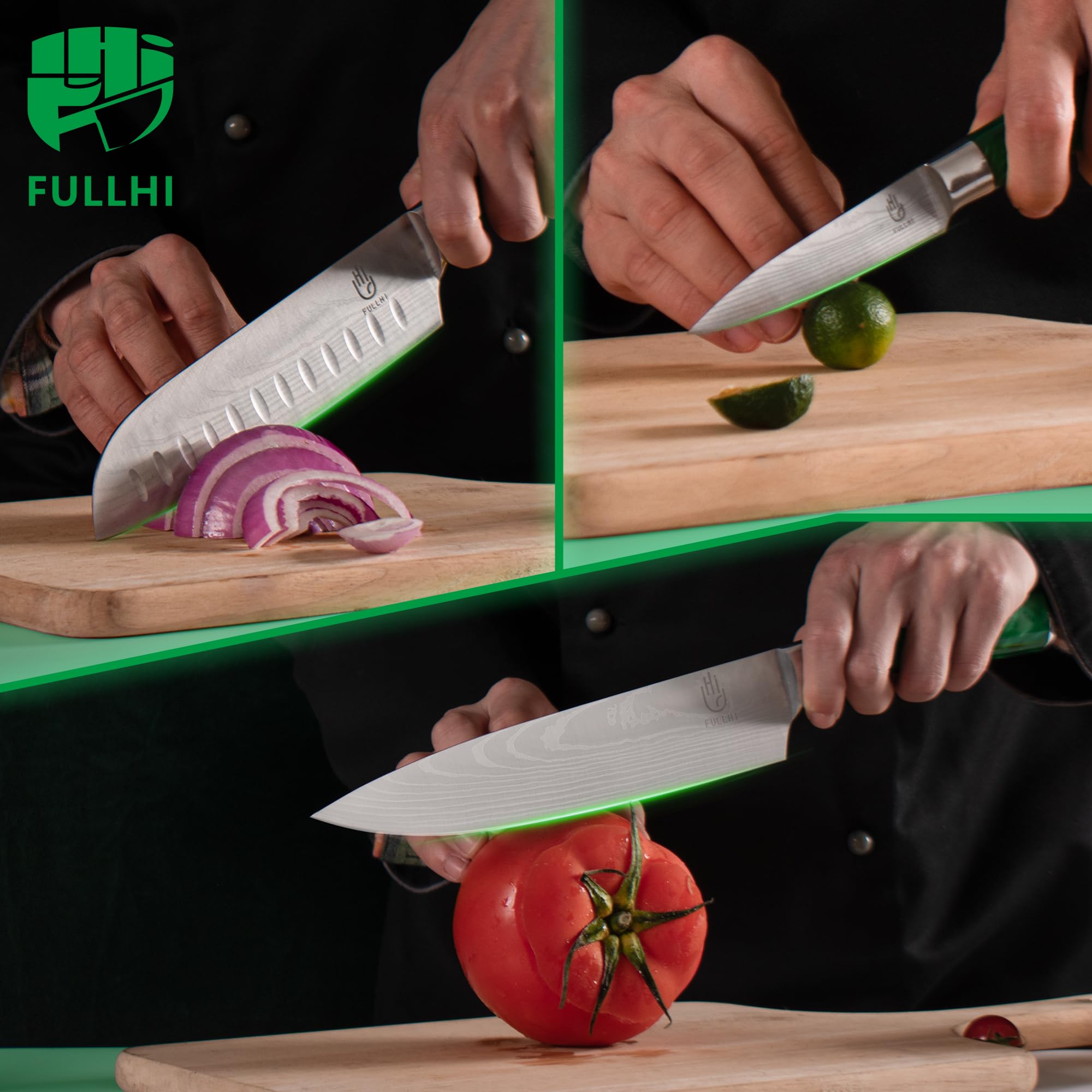 FULLHI Set di coltelli giapponesi da 15 pezzi con portacoltelli magnetico, lame in acciaio inox, manici ergonomici in resina verde per la cucina professionale e domestica