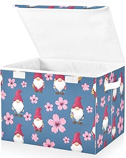 Storage Bin with Lid Pink Gnome Plum Blossom Storage Box Basket Large Collapsible Containers Organizer Cube Bedroom Shelves Clothes Closet Handles