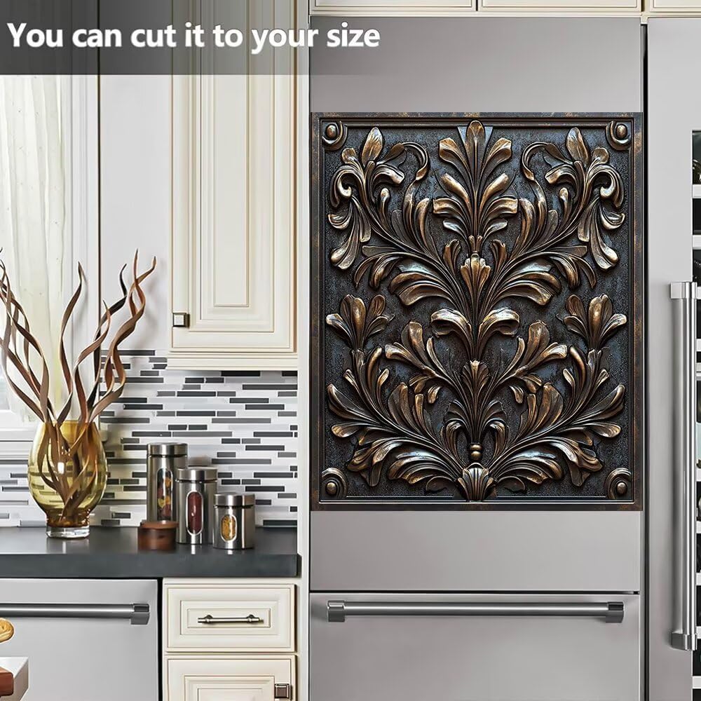 Copper Relief Vines Dishwasher Magnet Cover Sticker Metal Leaves Dish Washer Door Panel Magnetic Cover Fridge Appliance Magnet Decal Sheet Kitchen Decor, Reusable Magnetic 23" x 26"
