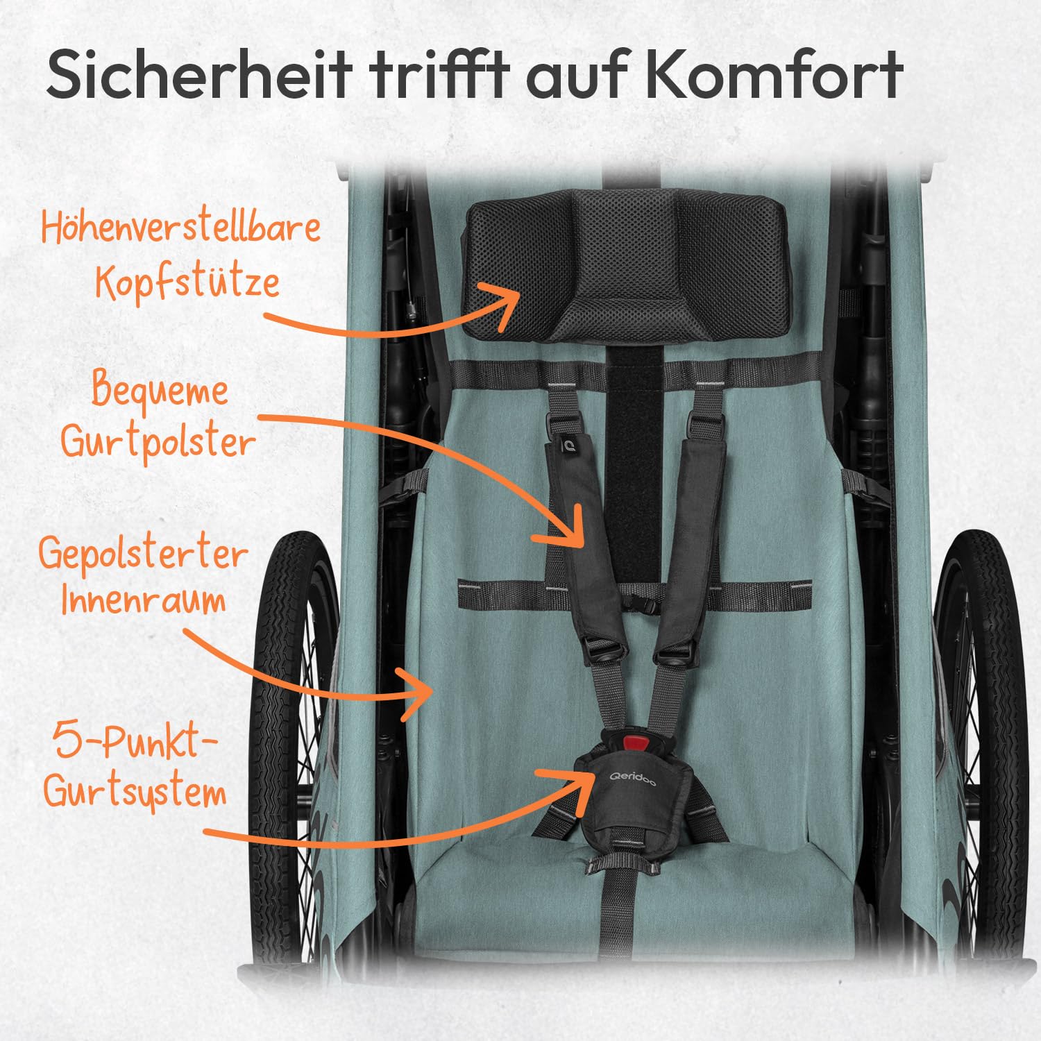 Qeridoo QUPA 1 Plus Mineral Blue |Fahrradanhänger 1 Kind mit Federung & 3-in-1-Verdeck |Kinderfahrradanhänger & Jogger Kinderwagen | Faltbarer Fahrrad Anhänger Kinder |Sicher & Komfortabel im Alltag