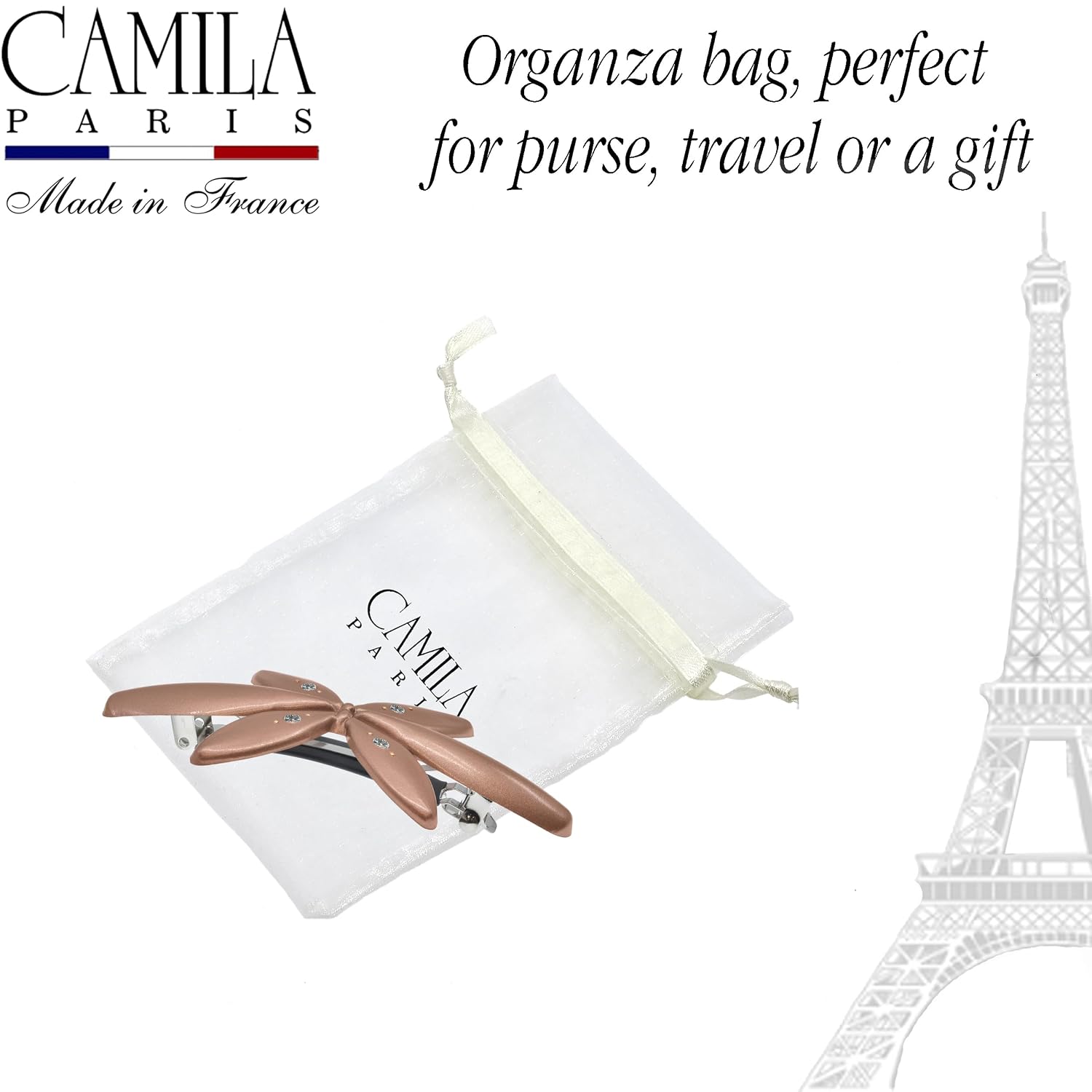 Camila Paris CP3757 French Hair Barrette Clip for Girls Flower, Bronze, Automatic Clasp Strong Hold Grip Hair Clips for Women, No Slip and Durable Styling Girls Hair Accessories, Made in France