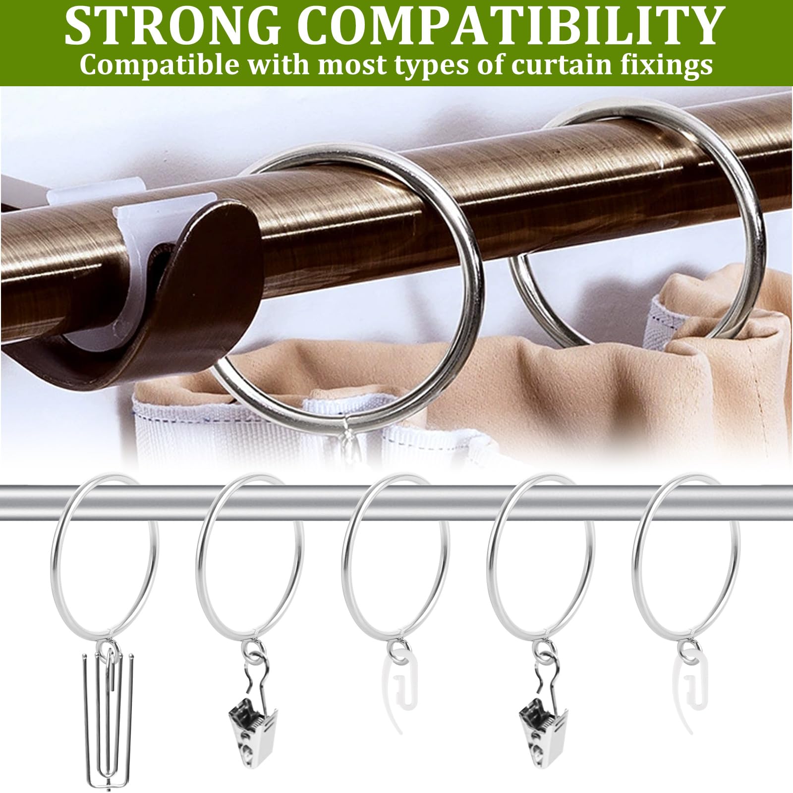 Paquete de 50 anillos de metal para cortina, 55 mm de diámetro interior, anillos colgantes plateados para postes de cortinas, barras y cortinas