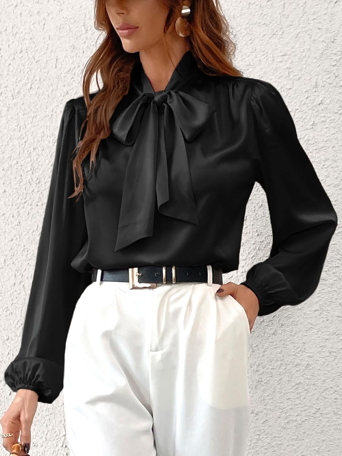 CUPSHE Women's Blouses Long Sleeve Satin Shirts Bow Tie High Neck Tops Dressy Casual - Image 7