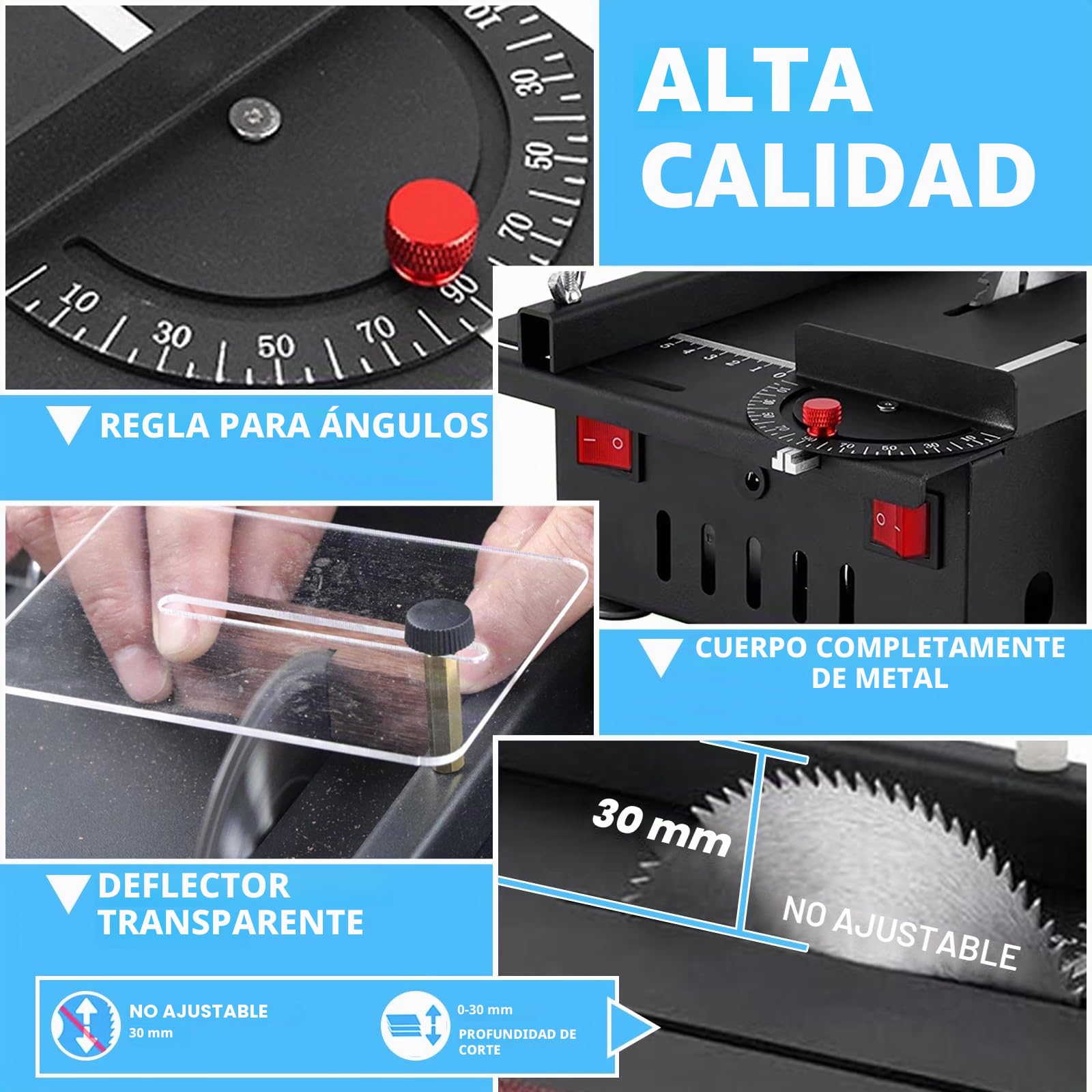 Mini Sierra de Mesa, Sierra Compacta con Lijadora de Banda, 200W Multifuncional Portátil para DIY, 4 Cuchillas, Profundidad de Corte 0,1-30mm