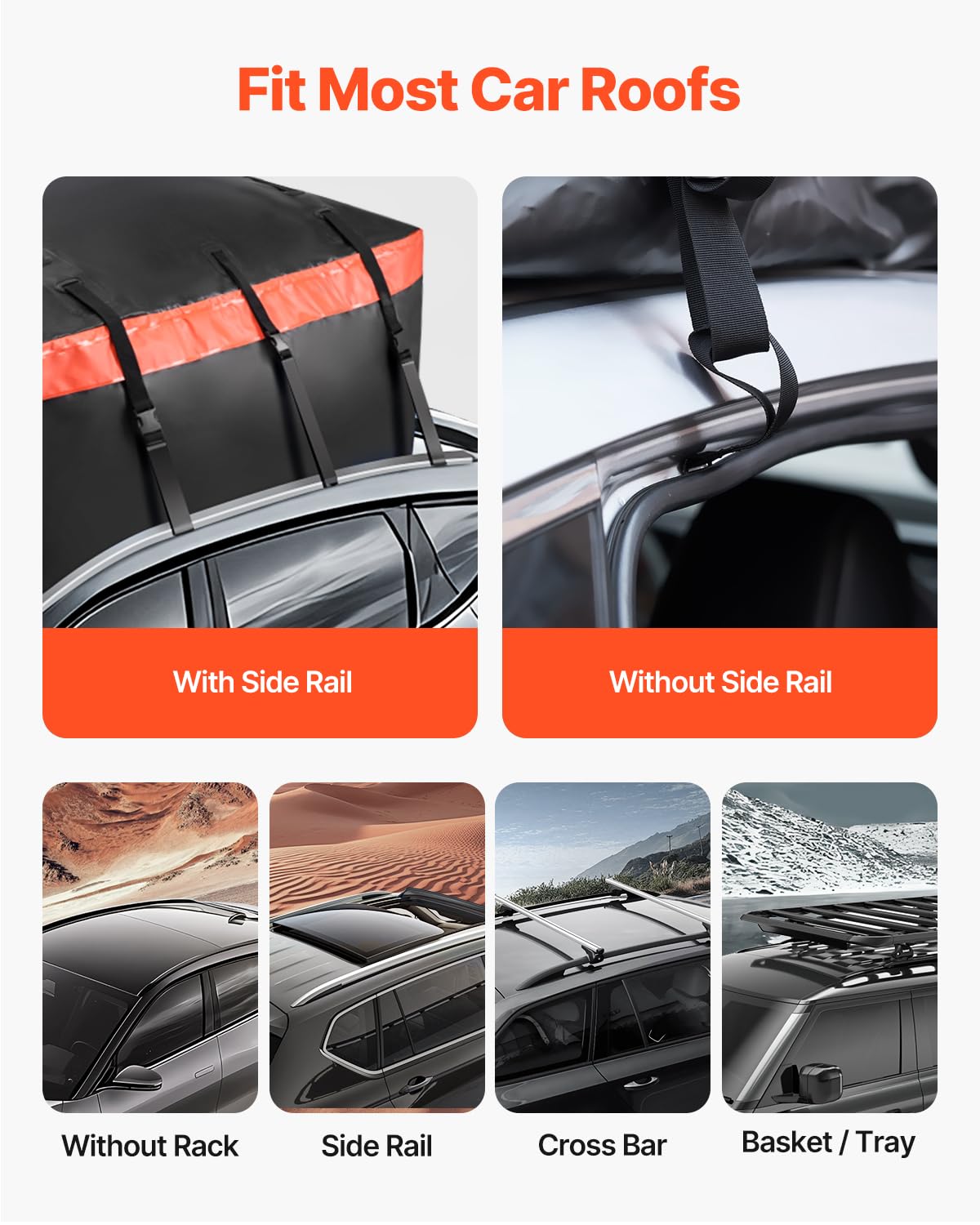 VEVOR Borsa Portapacchi per Auto da Tetto da 0,65 m³ Borsa Portatutto per Auto, per Tutti Veicoli con/senza Portapacchi, con Serratura, Tappetino Antiscivolo, Ganci per 6 Porte, Nero e Arancione