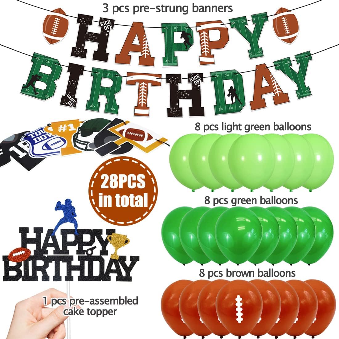 Football Birthday Decorations Includes Pre-Strung Happy Birthday Banner, NO DIY Cake Topper, Balloons, Touchdown Sports Bowl Game Day Theme Bday Party Supplies for Women Men Boys Girls - Image 3
