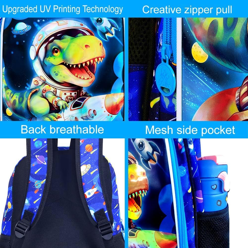 KLFVB 3PCS Dinosaur Backpack, Water Resistant Kids Space Bookbag with Lunch Box for Boys, 16" Preschool Backpacks for Elementary - Rocket Dinosaur