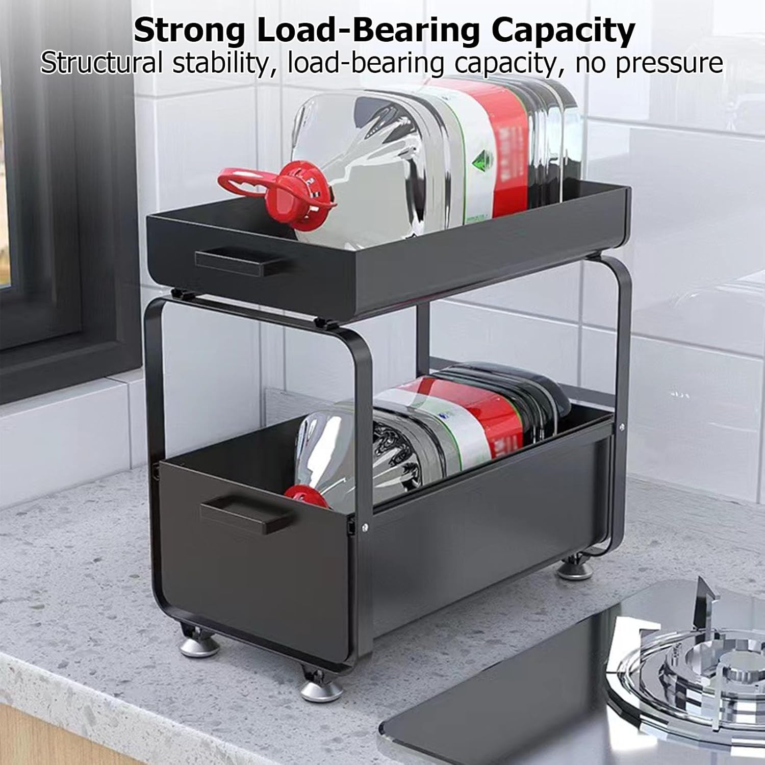 2 Tier Under Sink Organizer,Carbon Steel Under Sink Organizers and Storage with Sliding Drawer and Foot Pad,Multi-Purpose Pull Out Under Sink for Kitchen Bathroom(9.93 * 15.75 * 15.94in, A)