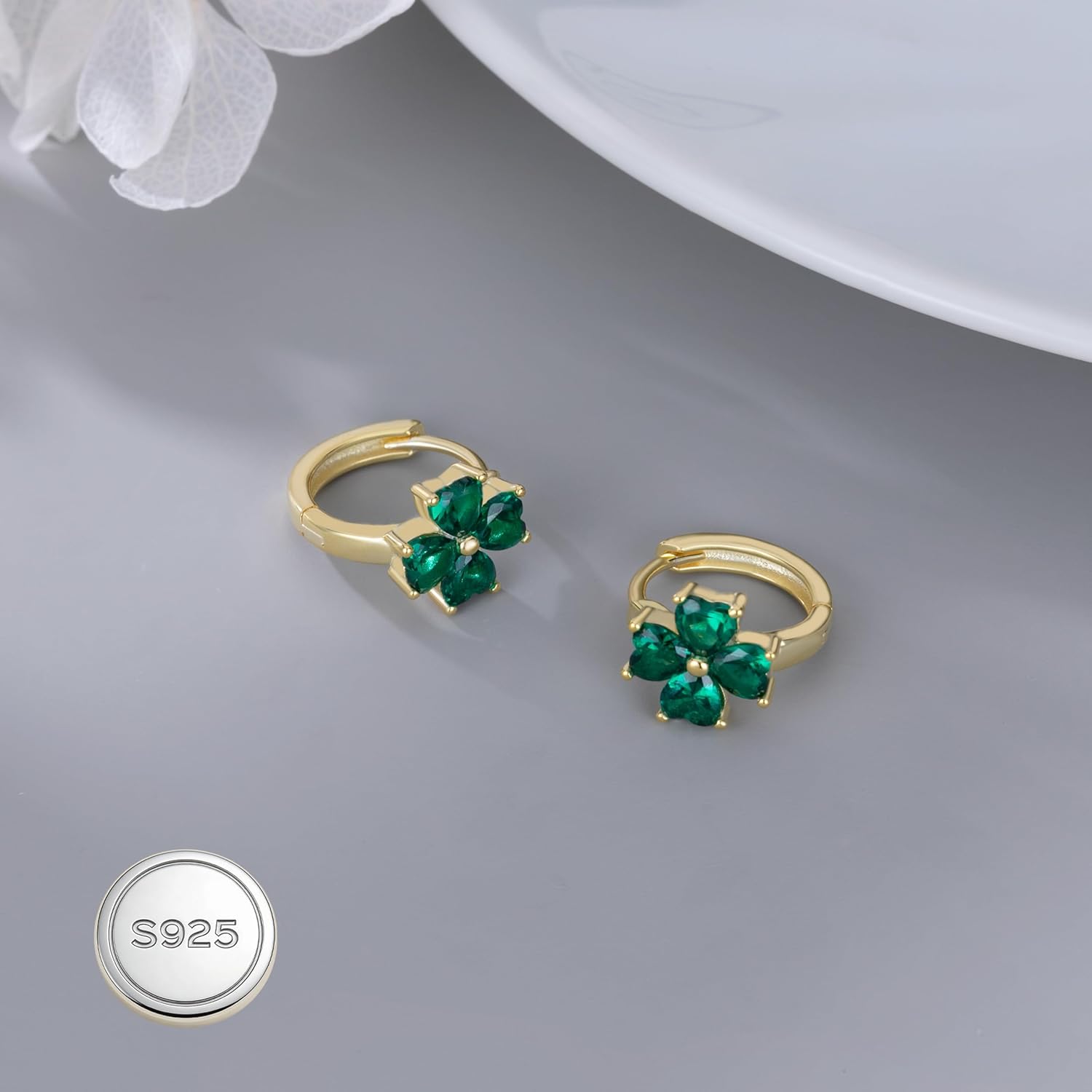 Reffeer Solid 925 Sterling Silver Green CZ Four Leaf Clover Earrings Hoop for Women Teen Girls Love Clover Huggie Earrings Spring Earrings