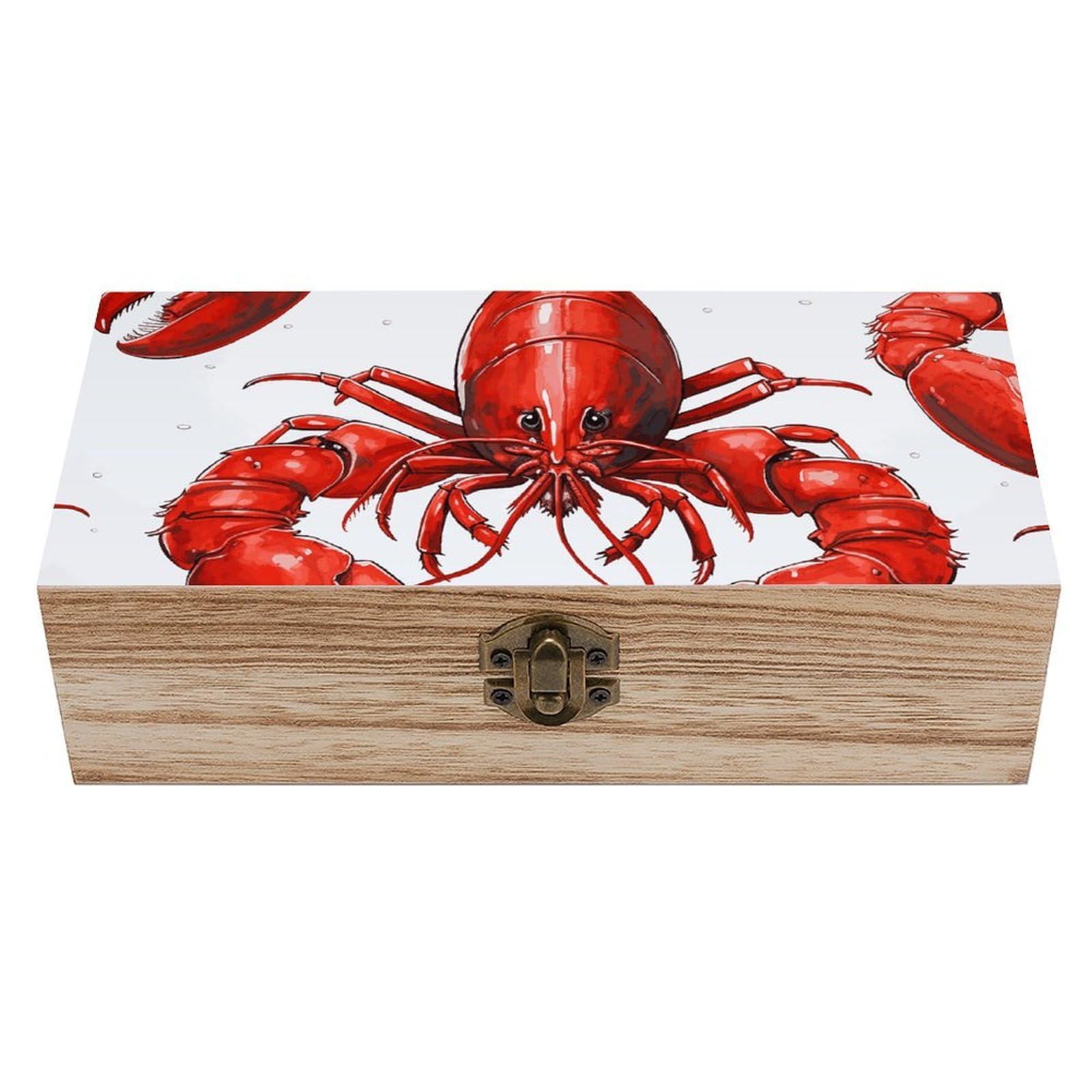 FodPand Decorative Keepsake Box Wooden Storage Boxes with Hinged Lid Handmade Red Lobster Print Wood Organizer Memory Treasure Box for Jewelry Craft Card Photo Storage Wedding Bridal Shower Gifts