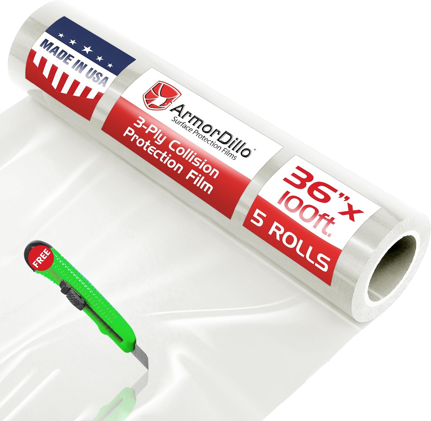 31.96 Per Roll Free Utility Knife ArmorDillo High Tack Collision Wrap - 5 Rolls (1Case) 3 Mil 3Ply Self Adhesive Crash Wrap for Cars, Collision, Towing, 60 Day UVI Protect - 36" x100ft