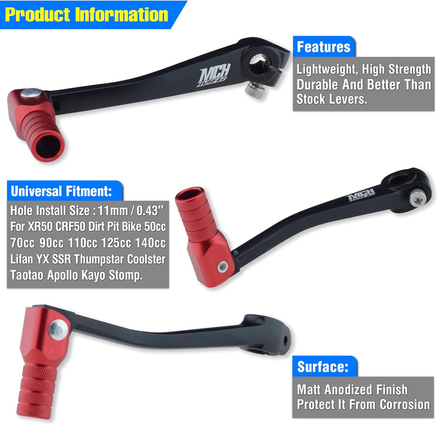MCHMFGMotorcycle Hand Gear Lever Shifter Handle for 110cc 125cc 135cc 150cc 200cc 250cc Quad Dirt Bike ATV Buggy Black