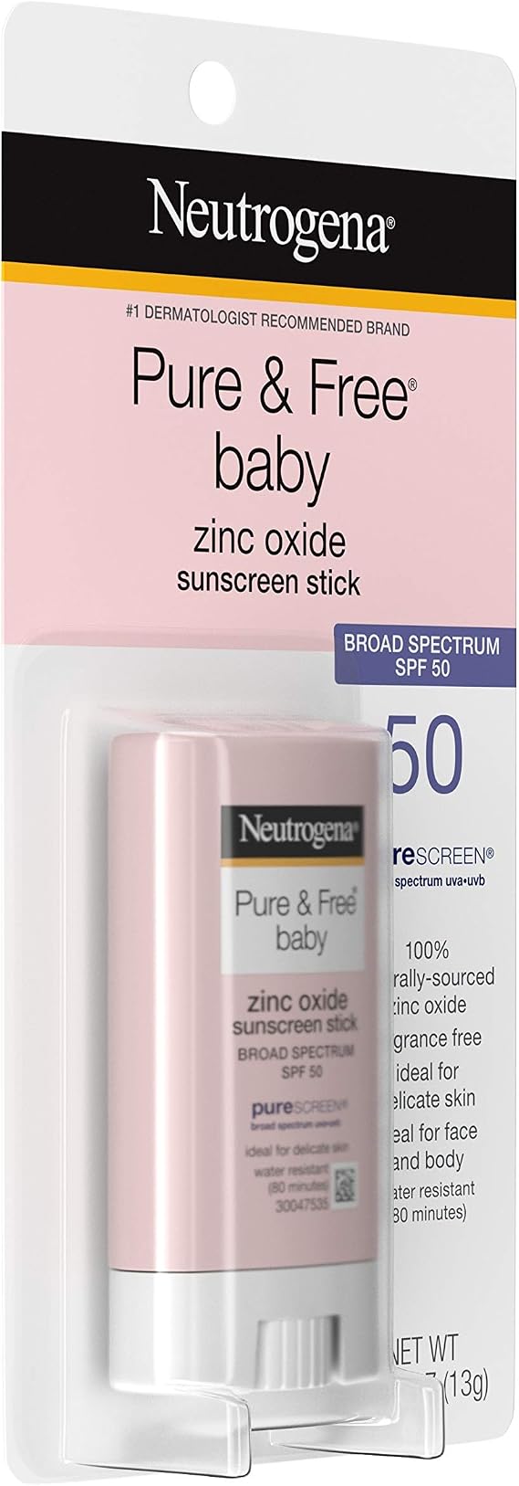 Neutrogena Pure & Free Baby Mineral Sunscreen Stick with Broad Spectrum SPF 50 & Zinc Oxide, Water-Resistant, Hypoallergenic, Paraben-, Dye- & PABA-Free Baby Face & Body Sunscreen, 0.47 oz