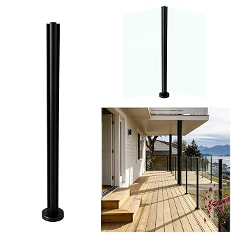 43.5" Round Glass Railing Post,Modern Black Glass Balustrade System Side Post with Spigot Slots for Indoors & Outdoors,Deck Corner Glass Post for Balcony,Porch,Staircase,Yard