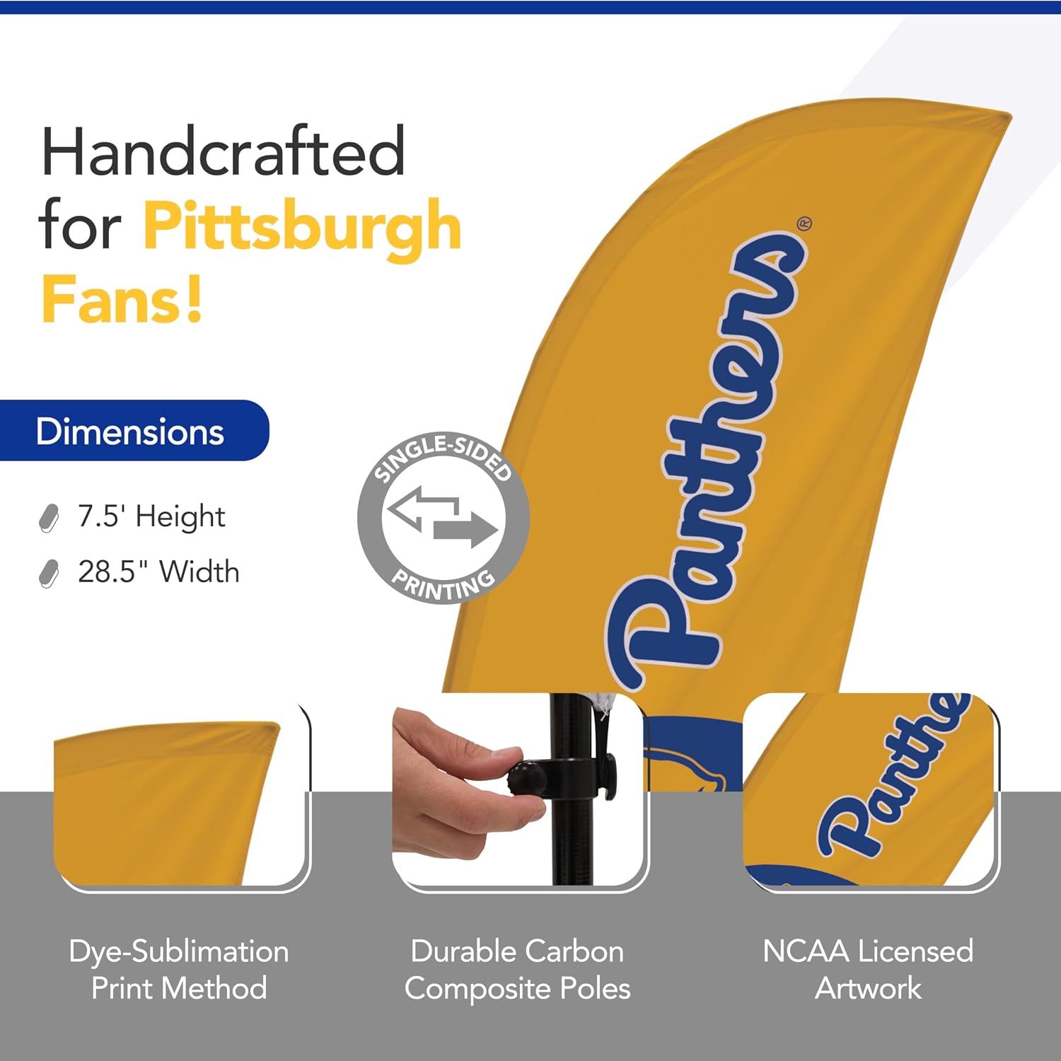 Pittsburgh Panthers College Sports Printed Feather Flag - NCAA Licensed - Super Polyester - School Banner (Gold, Navy Blue) (7.5' Spike Base)