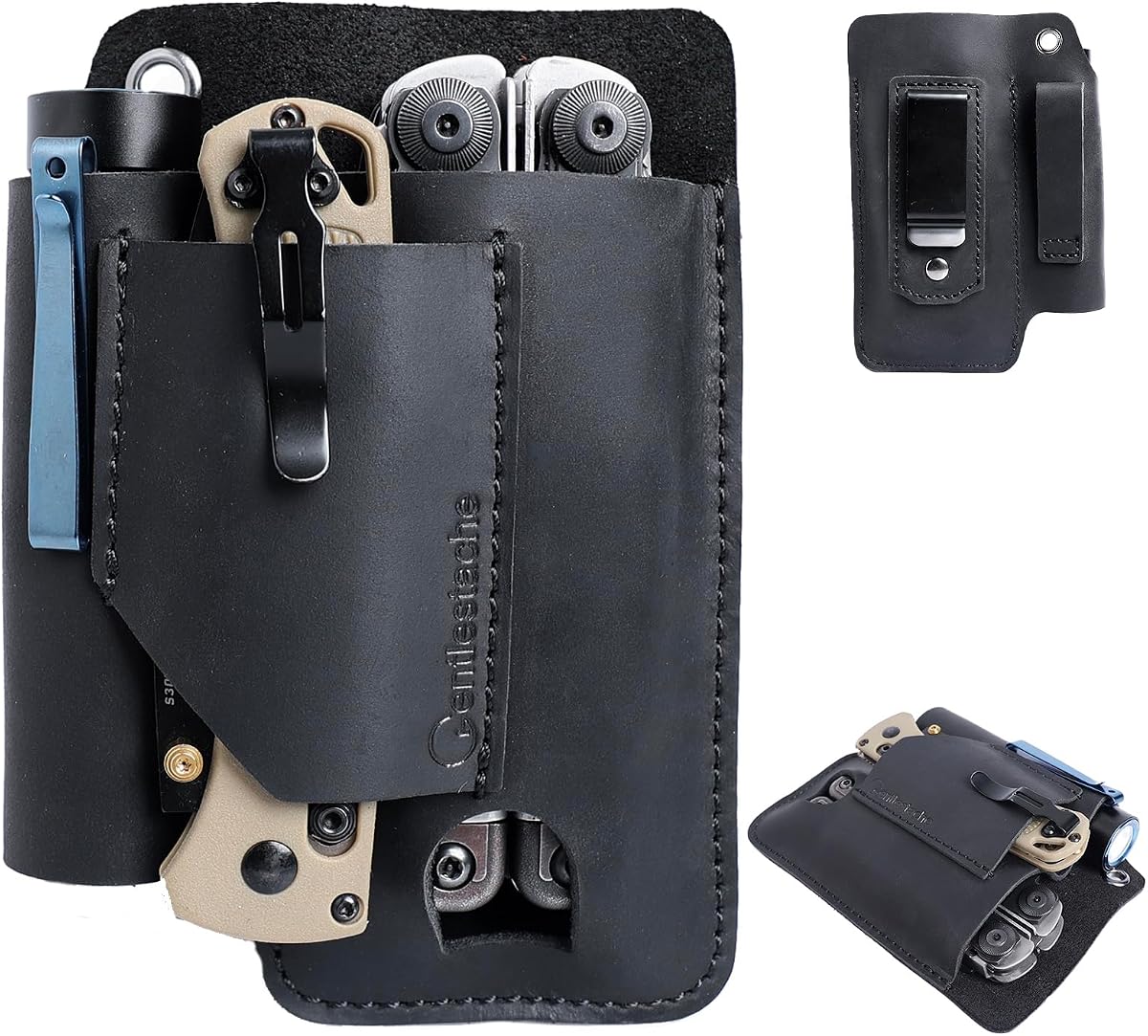 Gentlestache Leather Multitool Sheath - Belt Clip EDC Belt Organizer - Multitool Holder - Multi Tool Holster for Leatherman Tool, Flashlight, Pen, Black