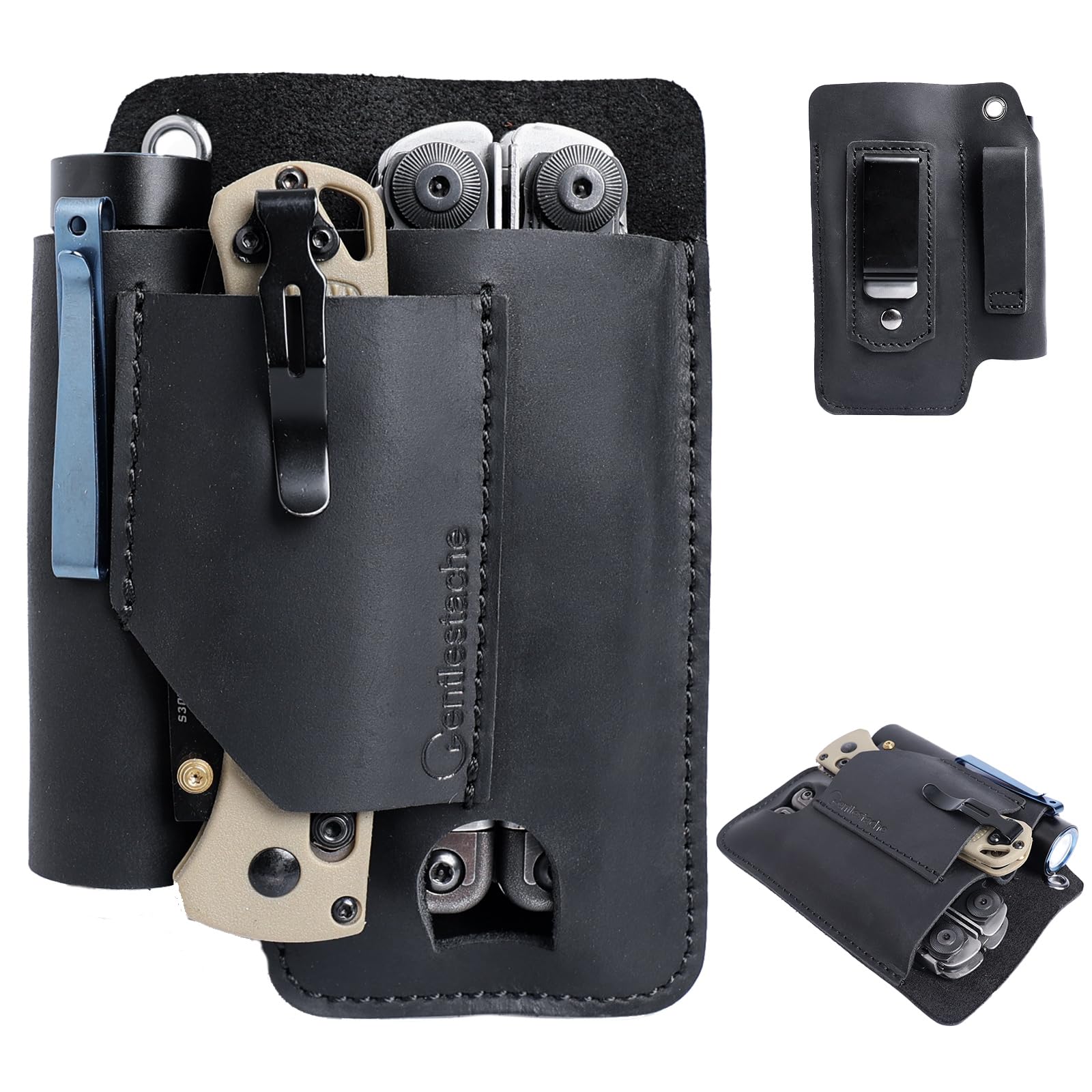 Gentlestache Leather Multitool Sheath - Belt Clip EDC Belt Organizer - Multitool Holder - Multi Tool Holster for Leatherman Tool, Flashlight, Pen, Black