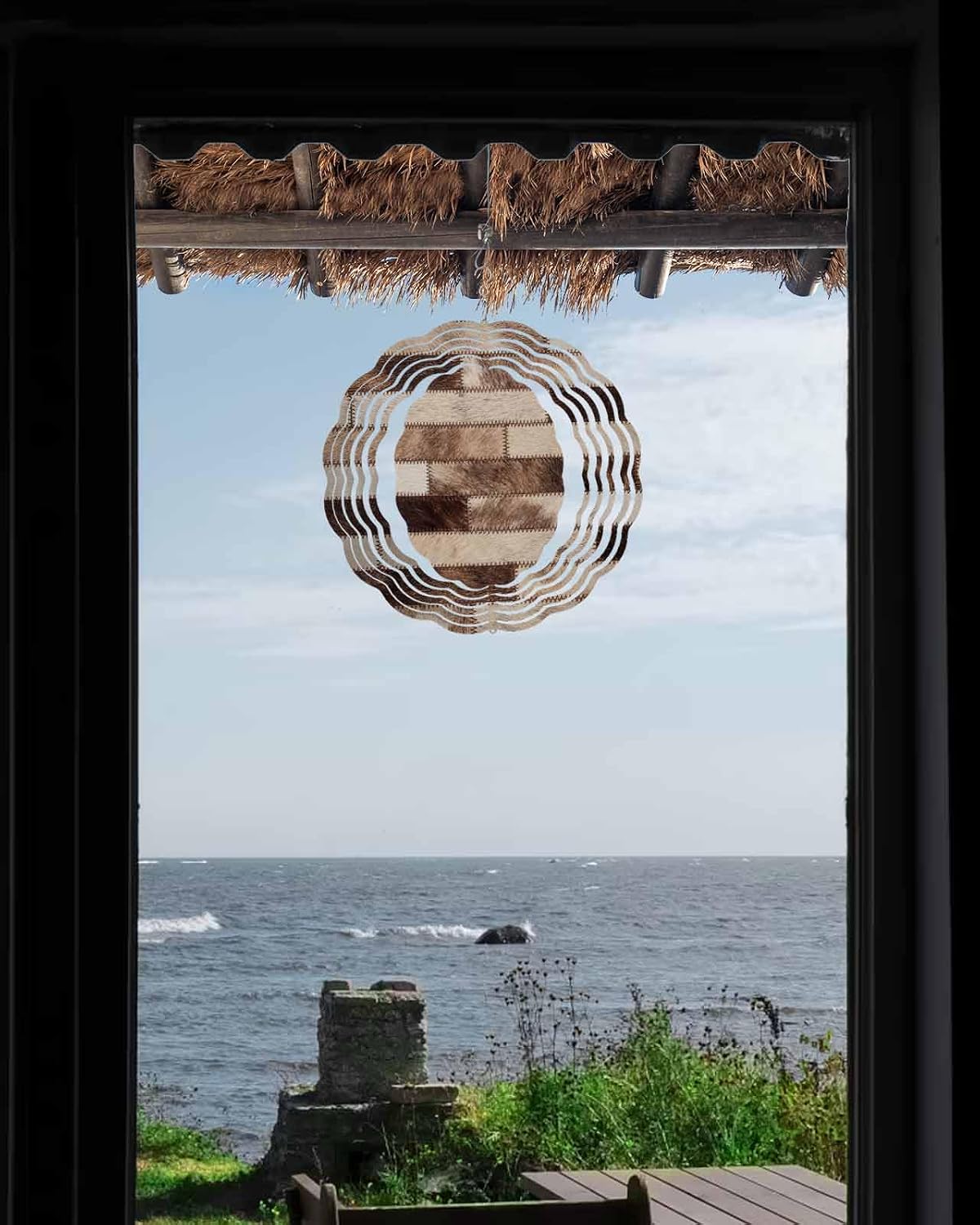 Bricks Patchwork Wind Spinner for Garden Yard 12In, Western Ethnic Abstract Brown Beige Tan Fur Style 3D Stainless Steel Kinetic Hanging Wind Spinners Rustproof Outdoor Decor for Lawn Patio Home