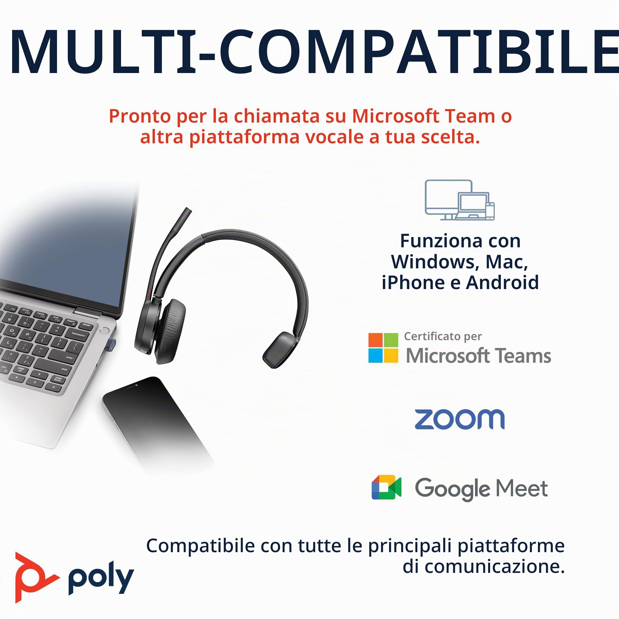 Poly Voyager 4310 UC, Cuffia Monoaurale Senza Filo, Connessione Bluetooth e USB-C BT700, Cancellazione Rumore, Cuscinetto in Similpelle, Autonomia 24 Ore, Compatibile con Windows 10 e macOS, Nero