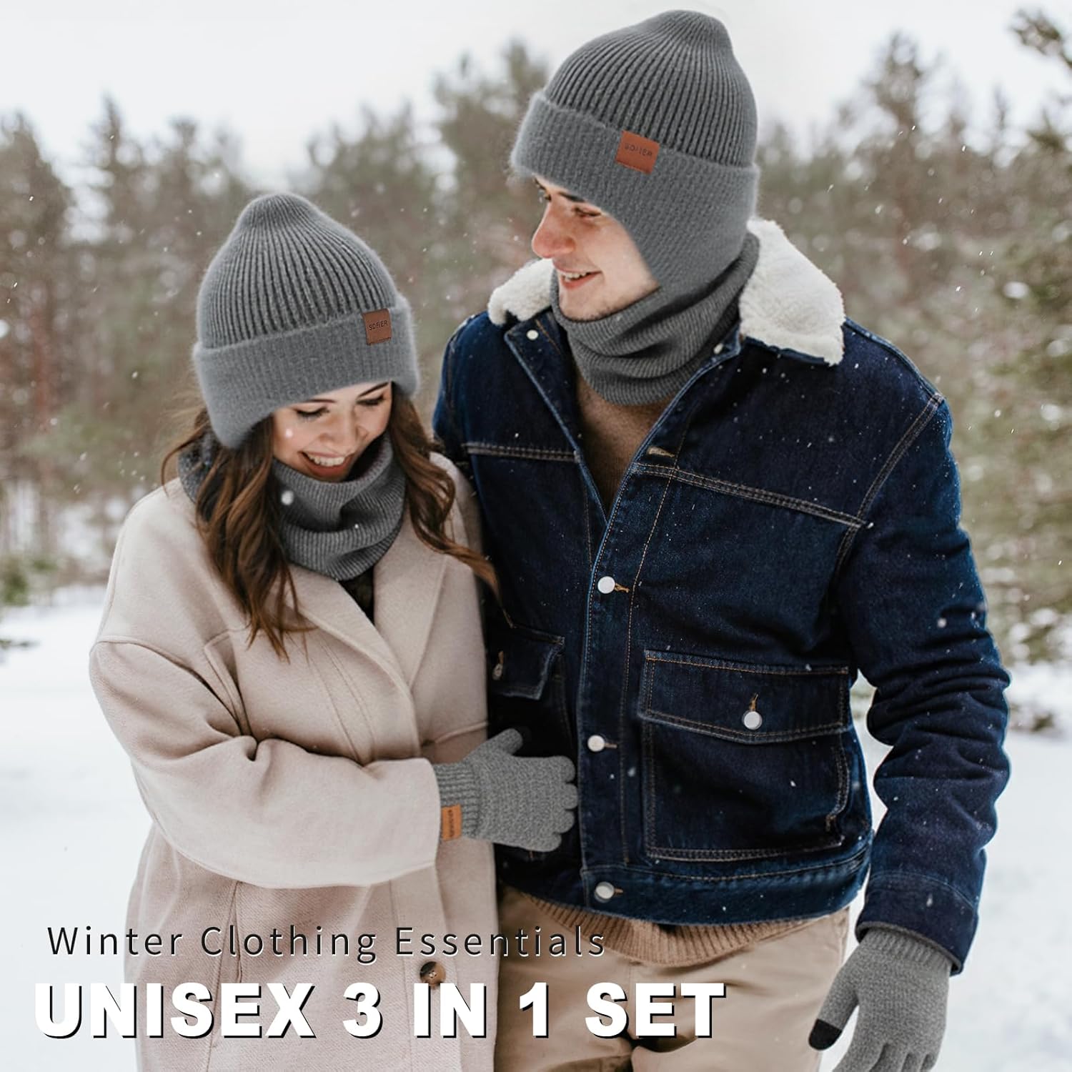 Sofier Winter Hat Fleece Lined Beanie with Earflap Neck Warmer Scarf Touchscreen Gloves Warm Knit Set for Men Women - Image 2