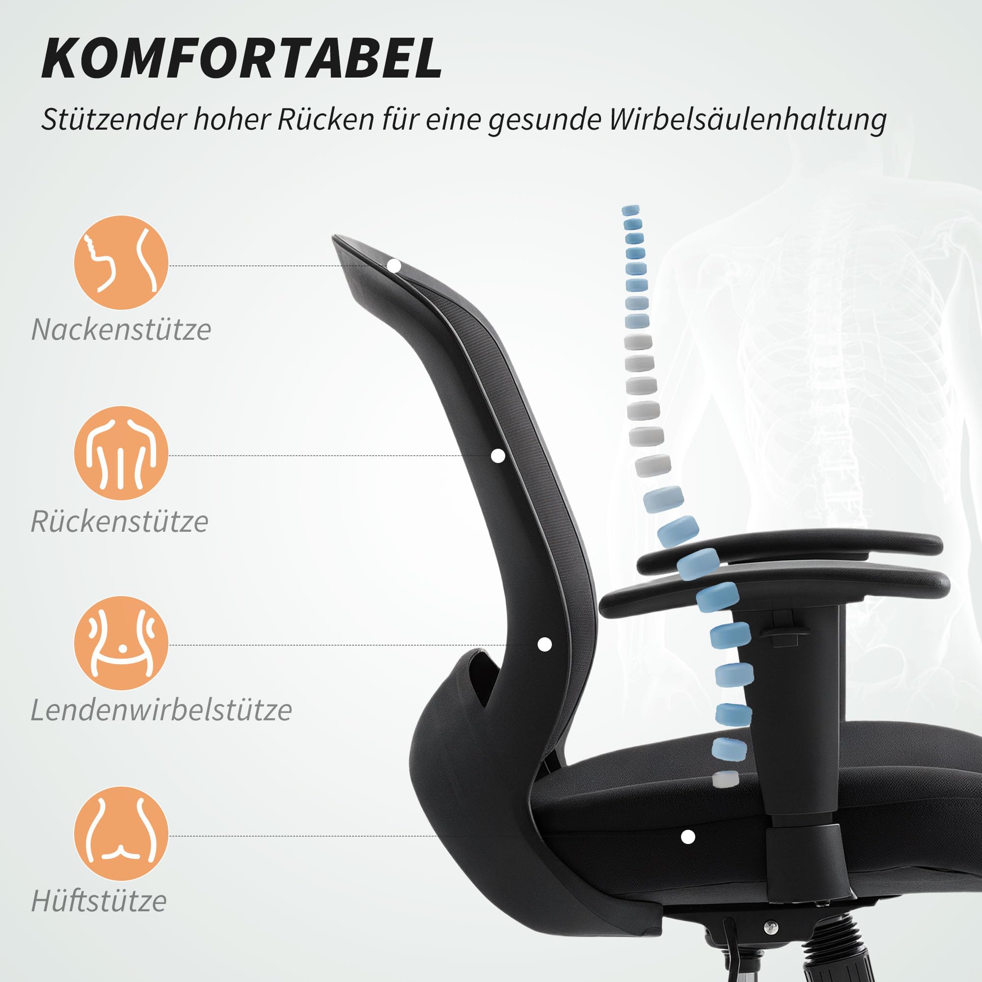 HOMCOM Bürostuhl Ergonomischer Schreibtischstuhl mit Armlehne Schwarz | Höhenverstellbar, Lendenwirbelstütze, Drehstuhl mit Wippfunktion, Computerstuhl mit Netzbespannung