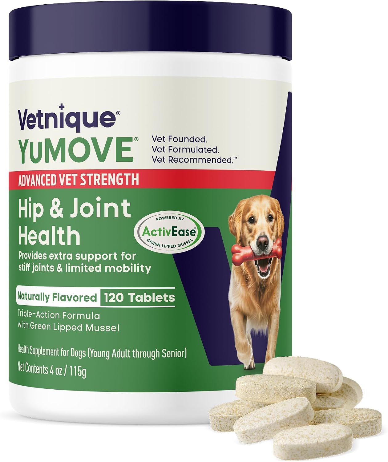 YuMOVE Dog Hip & Joint Supplement, Regular or Advanced Strength - ActivEase Green Lipped Mussel, Glucosamine, Hyaluronic Acid & Omega 3 - Chewable Tablets (120ct Chewable Tablets, Advanced Strength)