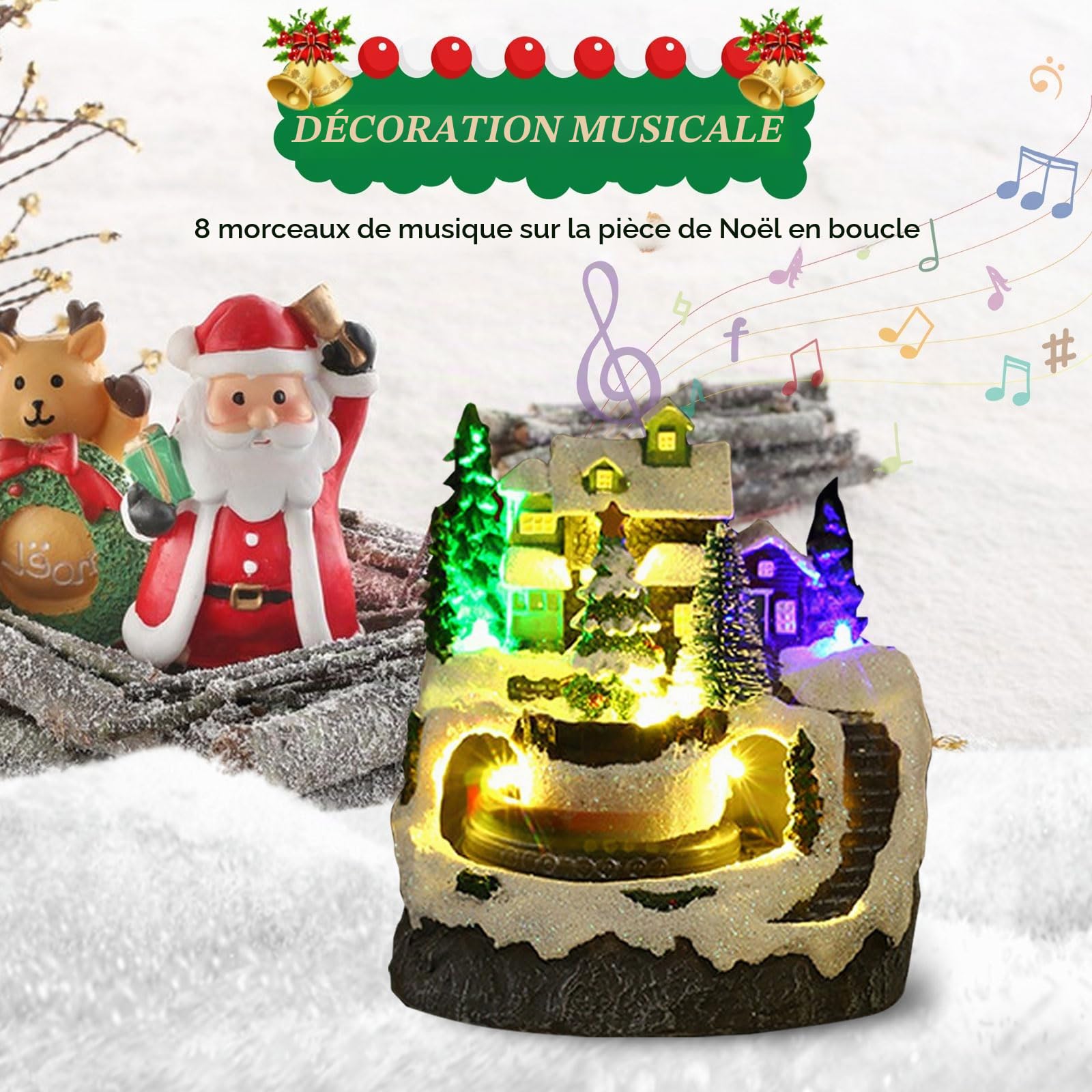 Village de Noel Lumineux, Village de Noel Miniature avec LED, Musical et Treno Tournant Animé, Alimentation par Batterie et USB Village Noel Petite maisons de Noël pour Fête de Noël Decoration