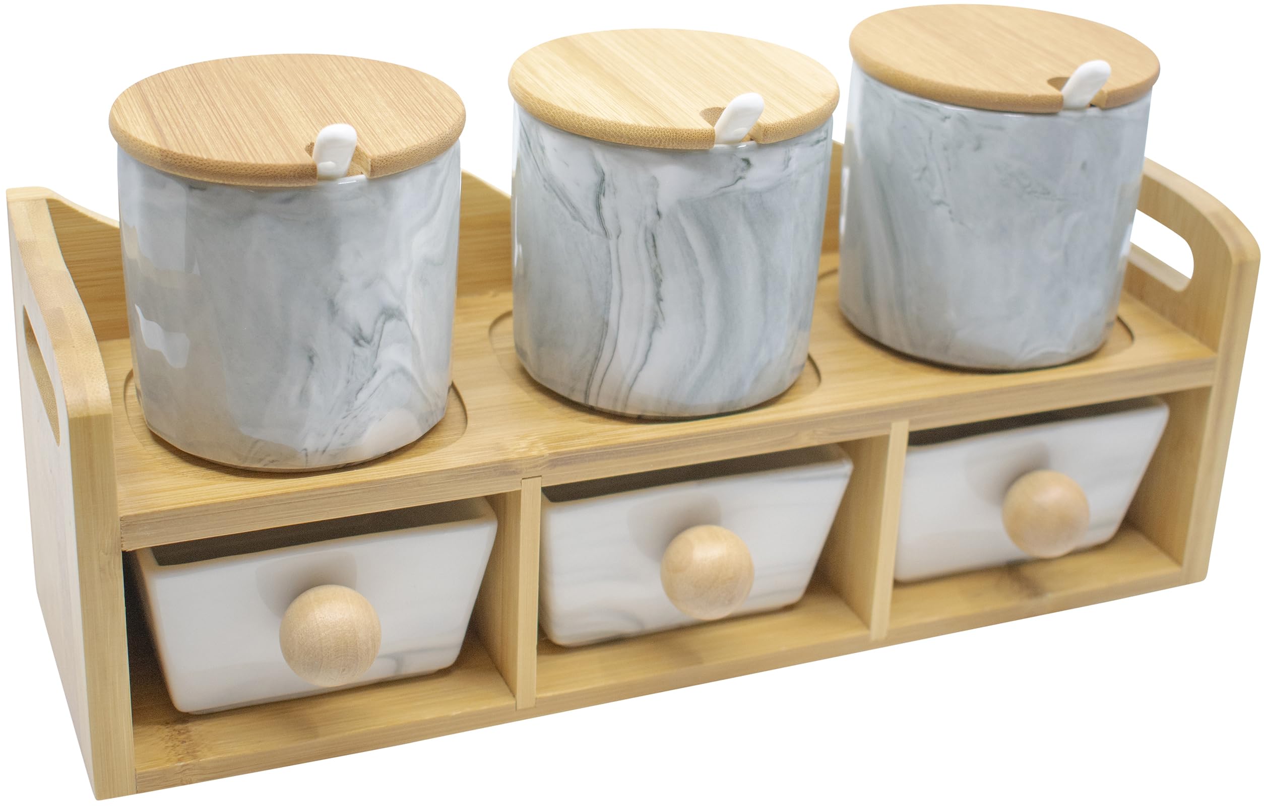 Stephanie Imports Set of 6 Tiered Marble Ceramic Condiment Spice Jars & Drawers With Spoons, Bamboo Lids and Rack (Gray)