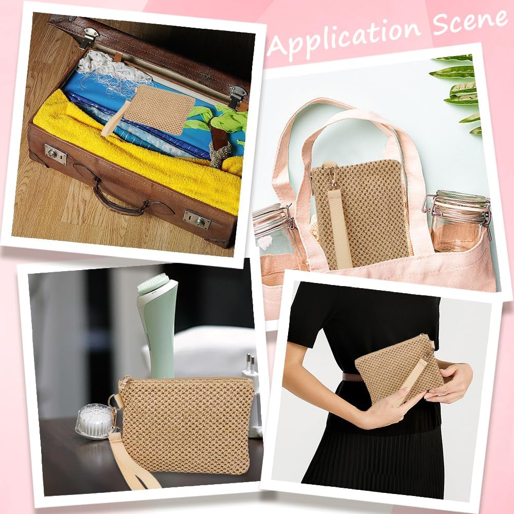 CREATCABIN Beige Straw Woven Cosmetic Pouch Bohemian Beach Straw Purses Portable Vacation Travel Storage Clutch Bags for Outdoor Camping Toiletry Makeup Tools Organiser Hawaii Zipper Handbags 8.3x6in