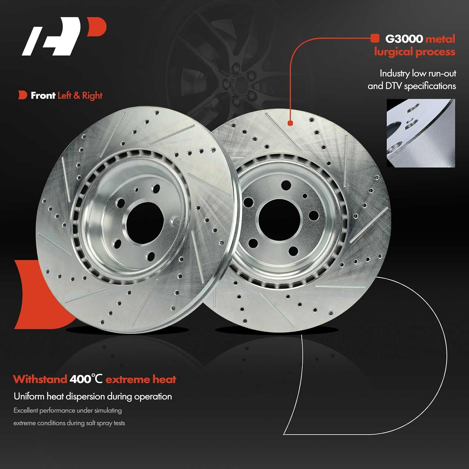 A-Premium 13.58 inch (345mm) Front Drilled and Slotted Disc Brake Rotors Compatible with Select Audi and Porsche Models - Q5 2013-2016, A5 2016, A6, A6 Quattro, Macan, A7 Quattro, S4, S5, 2-PC Set