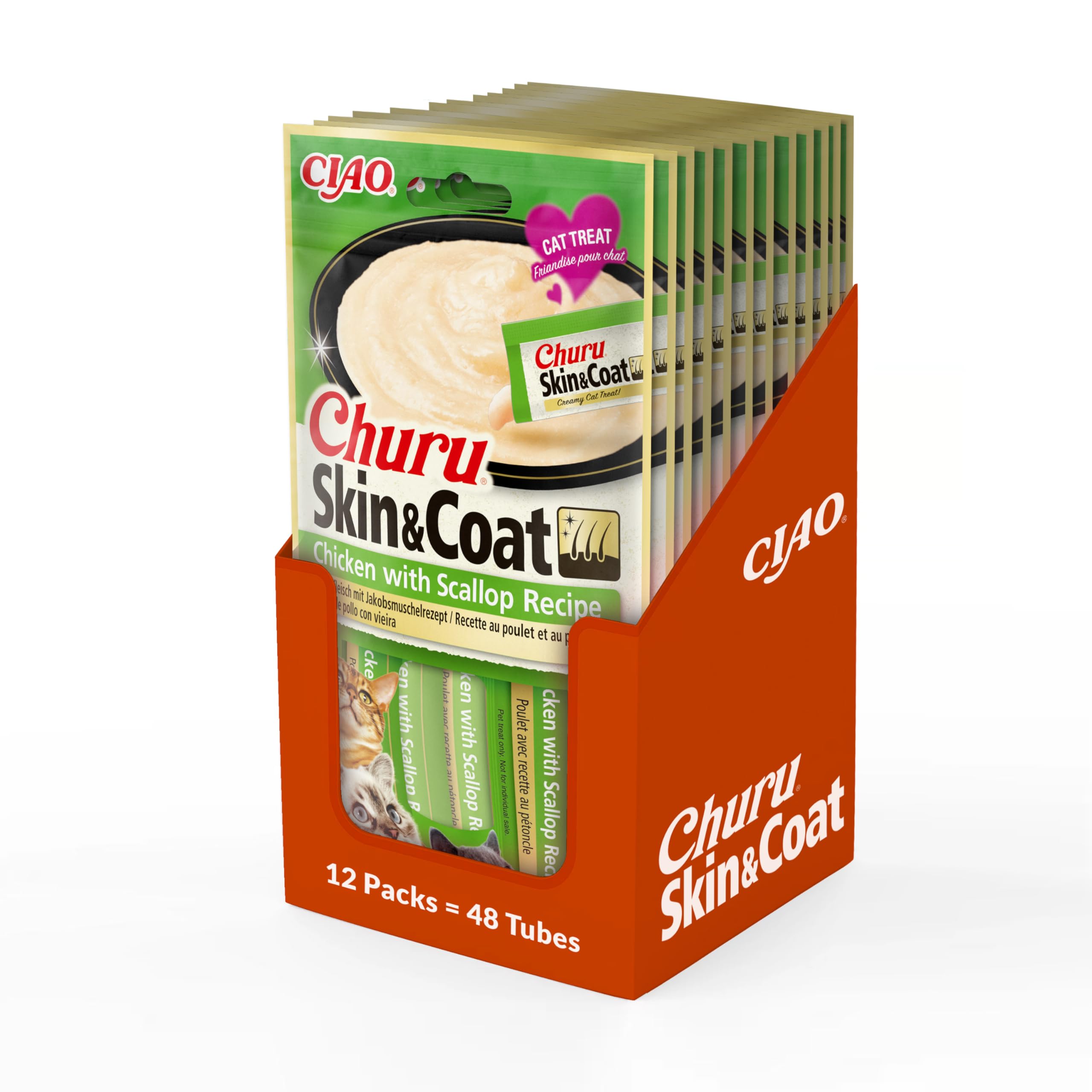 INABA Churu Skin & Coat Cat Treat - Chicken with Scallop - 12 Packs (48 x 14g total) / Soft & Creamy Treat, Delicious & Healthy Snack, Lickable Sticks, Purée Food Topper, Natural, Grain Free