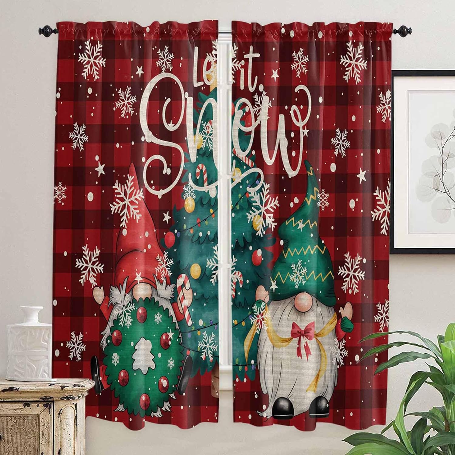 Christmas Tree Window Curtains 72 Inch Long 2 Panel Set, Rod Pocket Long Curtains & Drapes, Gnomes Winter Snowflake Retro Red Plaid Light Filtering Window Treatment for Bedroom Living Room 52"W x 72"L