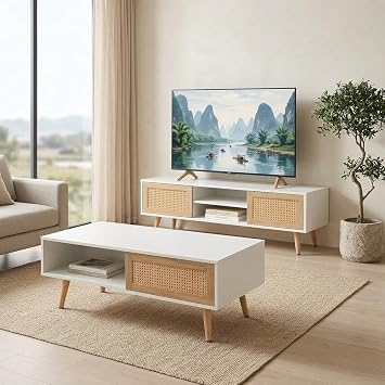 White Rattan Coffee Table & TV Stand Set with Sliding Doors Storage | Sliding Doors Storage, Modern Living Room Entertainment Center, Space-Saving Sturdy Design, Durable Rattan Material