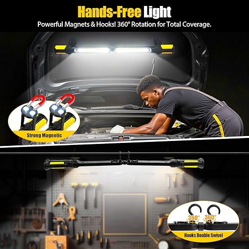 Vista 13 de SYLSTAR Luz de trabajo para mecánico, LED de 2400 lúmenes, 4400 mAh recargable, magnética, luz de trabajo debajo del capó con ganchos para Verde