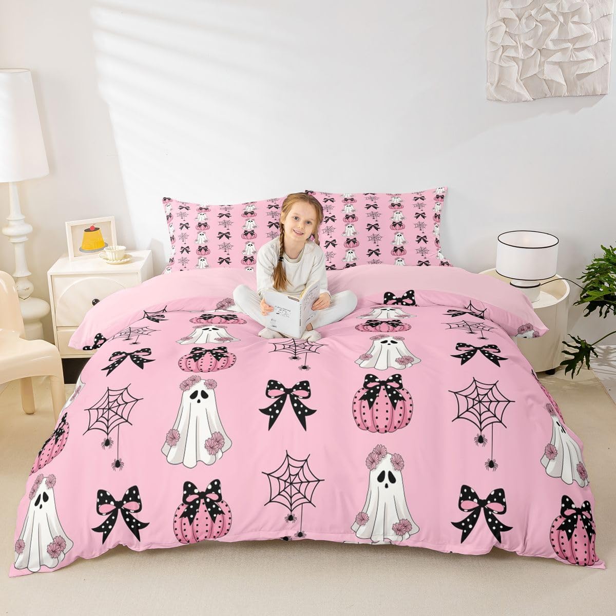 Manfei Bowknot Ghost Duvet Cover Set Full Size,Daisy Bowknot Spider Web Pattern Kids Bedding Set,Cartoon Gothic Style Room Decor,Pink Quilt Cover,2 Pillowcases(No Comforter) image 4