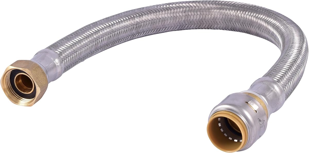Conector de calentador de agua flexible trenzado de acero inoxidable máximo de 3/4 pulgadas x 3/4 pulgadas FIP x 18 pulgadas, accesorio de plomería de latón a presión, tubería PEX, cobre, CPVC, PE-RT, HDPE, UR3088FX18