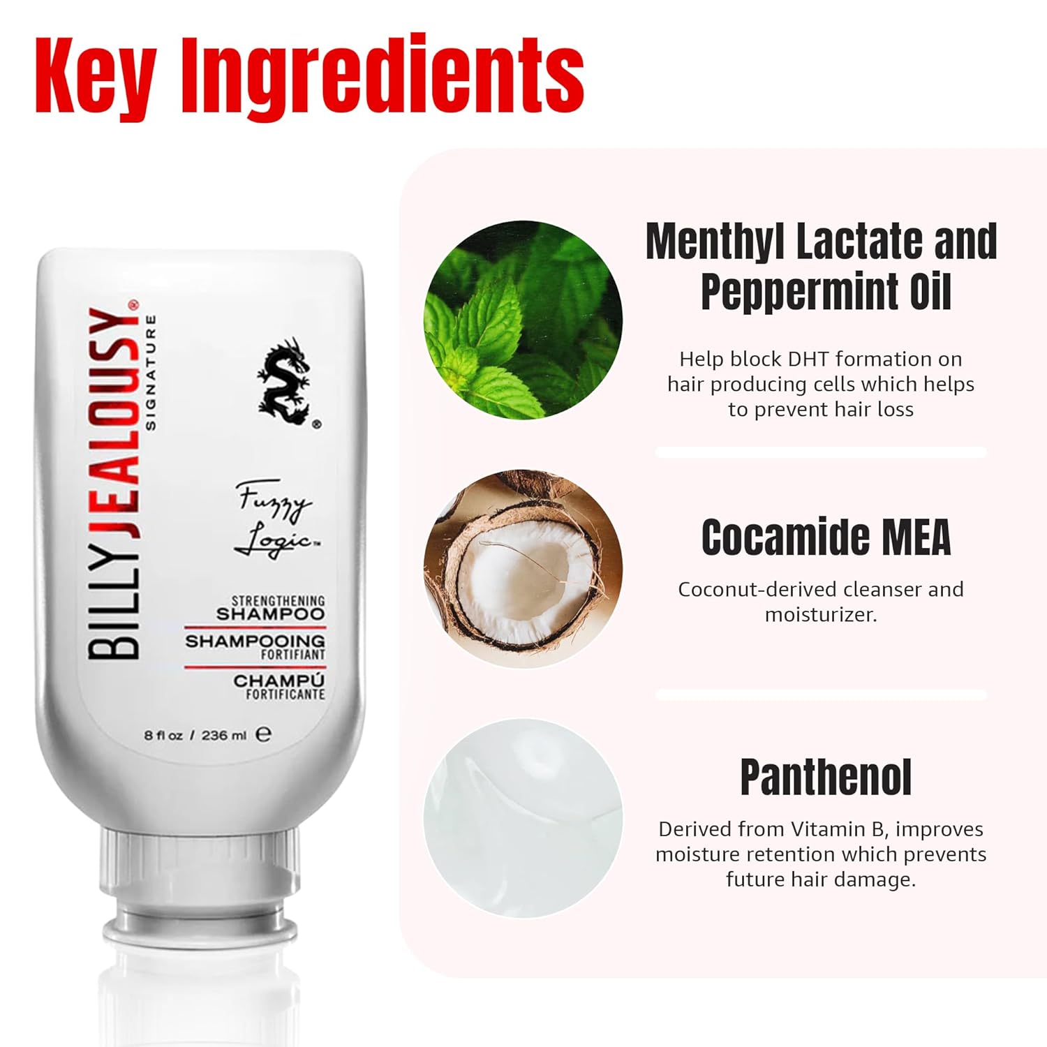 Billy Jealousy Fuzzy Logic Strengthening Mens Shampoo, Adds Volume, Prevents Hair Loss, Promotes Circulation & Healthy Growth, Peppermint Scent