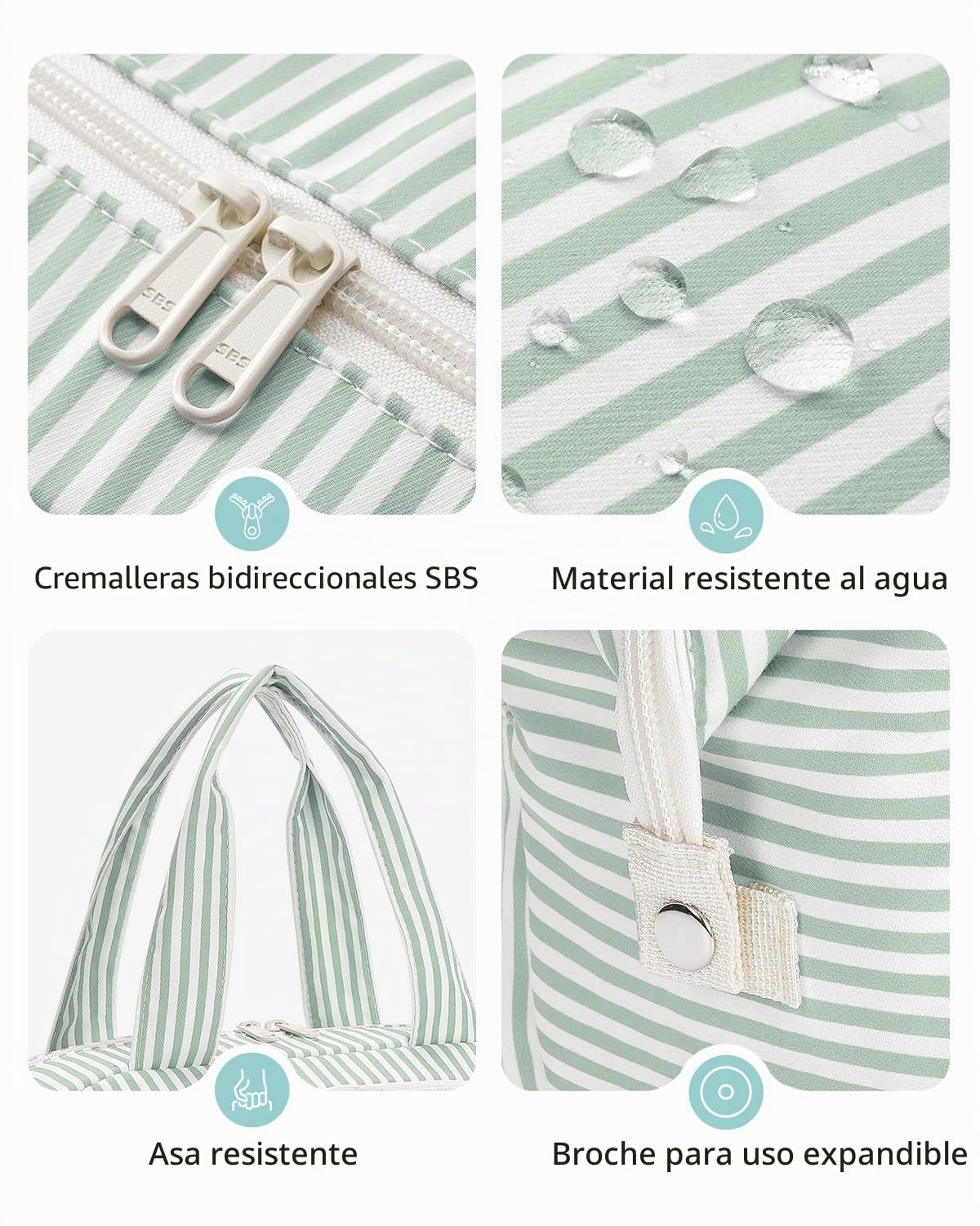 Narwey Neceser de Viaje para Mujer, Bolsa de Aseo Grande, Organizador de Maquillaje Portátil para Artículos de Aseo Tamaño Completo Viajes Accesorios (Rayas Verde Menta)