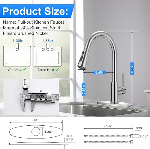 Miniatura 8 de Grifo de cocina extraíble de cromo pulido de arco alto de una sola manija, grifo de fregadero de acero inoxidable para lavandería de RV moderno