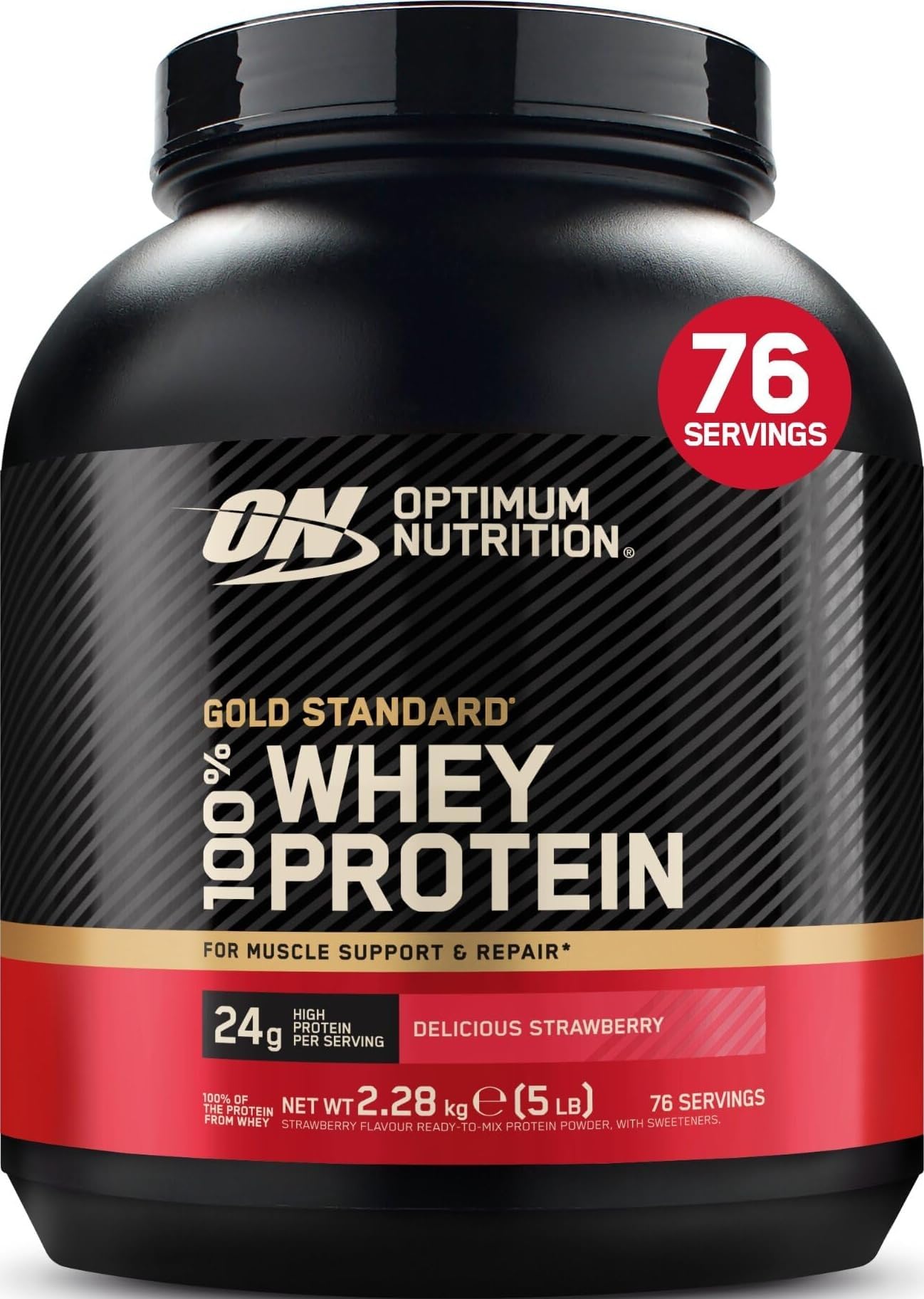 Optimum Nutrition Gold Standard 100% Whey Protein Powder, 2.28 kg | Delicious Strawberry, 76 Servings, 24 g Protein, BCAA, Low Sugar, Fast-Digesting Isolate, Supports Muscle Growth and Repair