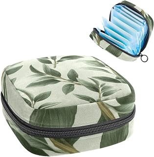 Bolsa de almacenamiento de servilletas sanitarias, hojas sobre un fondo de color verde salvia neutro, bolsa portátil para almohadilla menstrual, forro de panty, tampones, soporte de almacenamiento