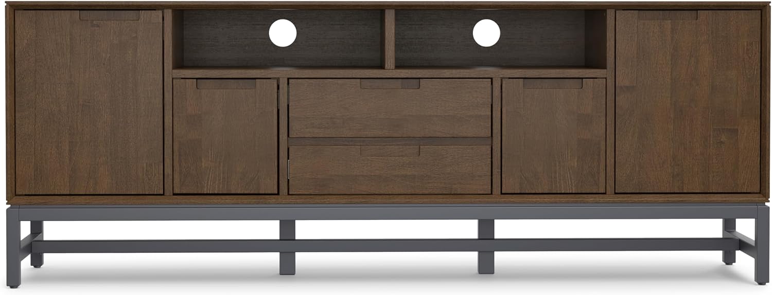 SIMPLIHOME Banting TV Stand - 72 inch Wide Solid Wood Media Console in Walnut Brown, Mid Century Industrial Entertainment Center for Living Room for TVs up to 80 Inches with Drawer and Metal Base
