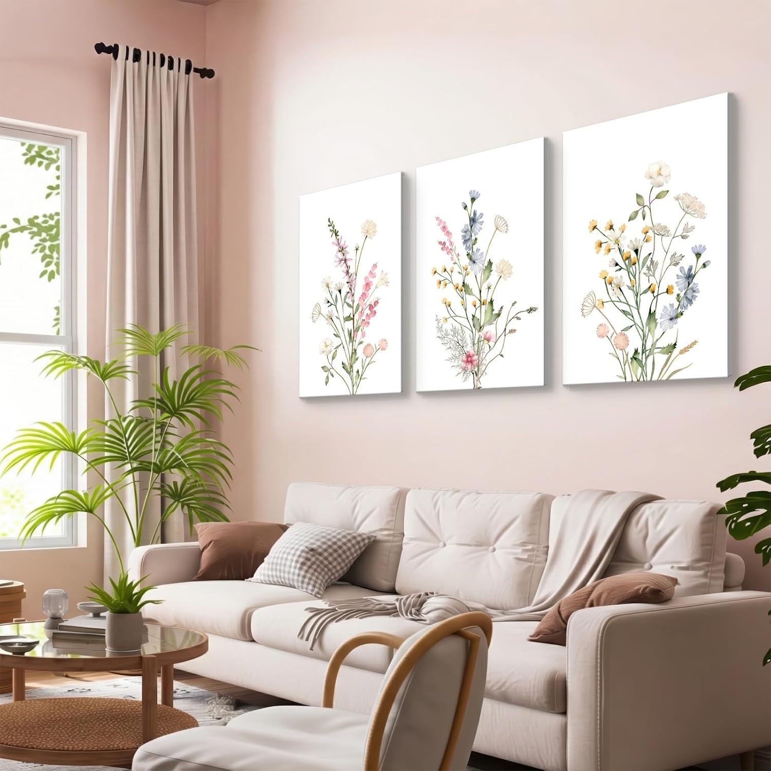 Floral Wall Art Set of 3, Framed Watercolor Retro Flowers Canvas Paintings, Minimalist Rustic Country Decor for Living room, office, bedroom, hallway– 16x24 Inch Each, Ready to Hang