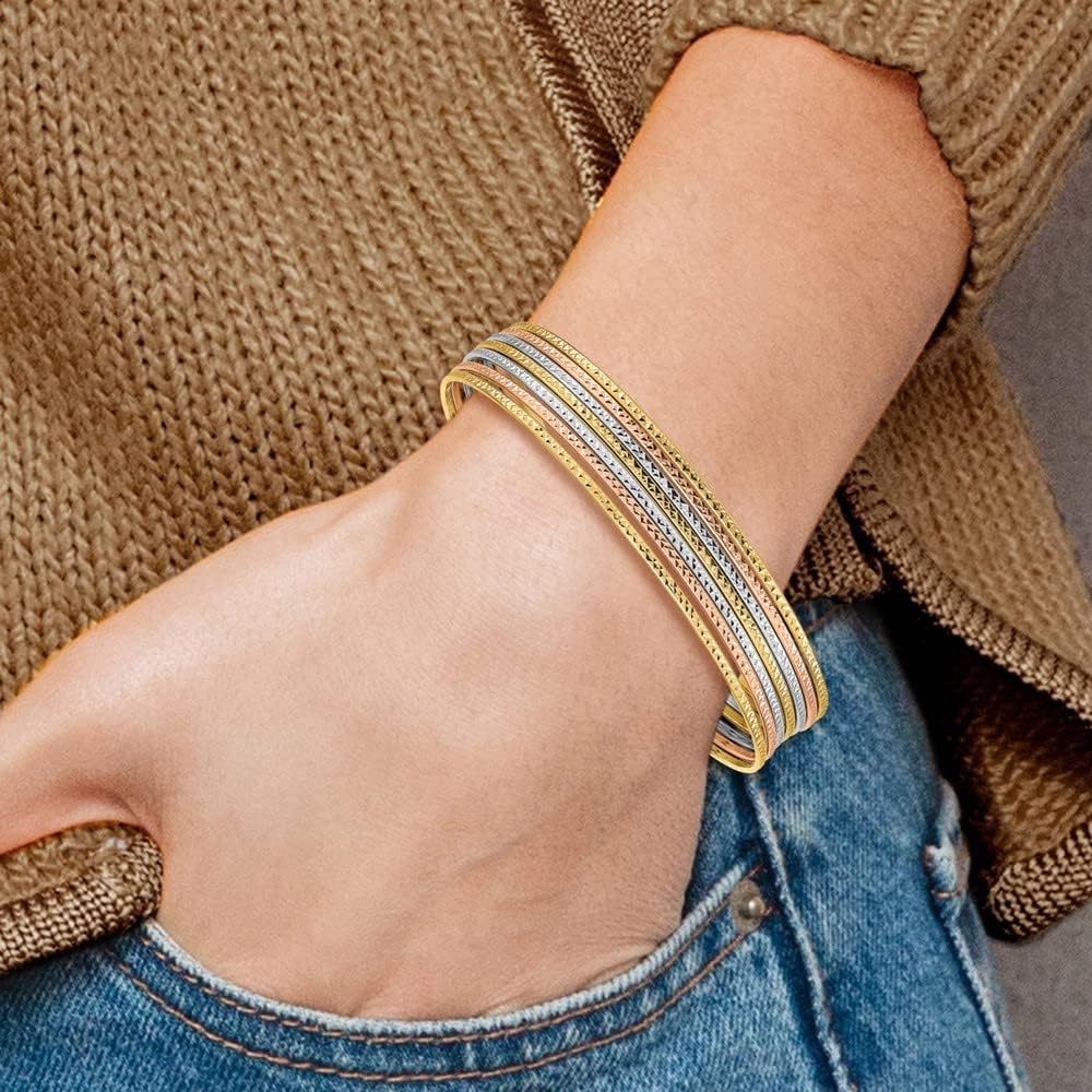 DEWBERRY 14K Three Tone Gold w/Dangle Heart Tri-color Set of 7 Textured Slip-on Bangles (Weight : 10.21 GM, Length : 8 IN, Width : 11 MM)