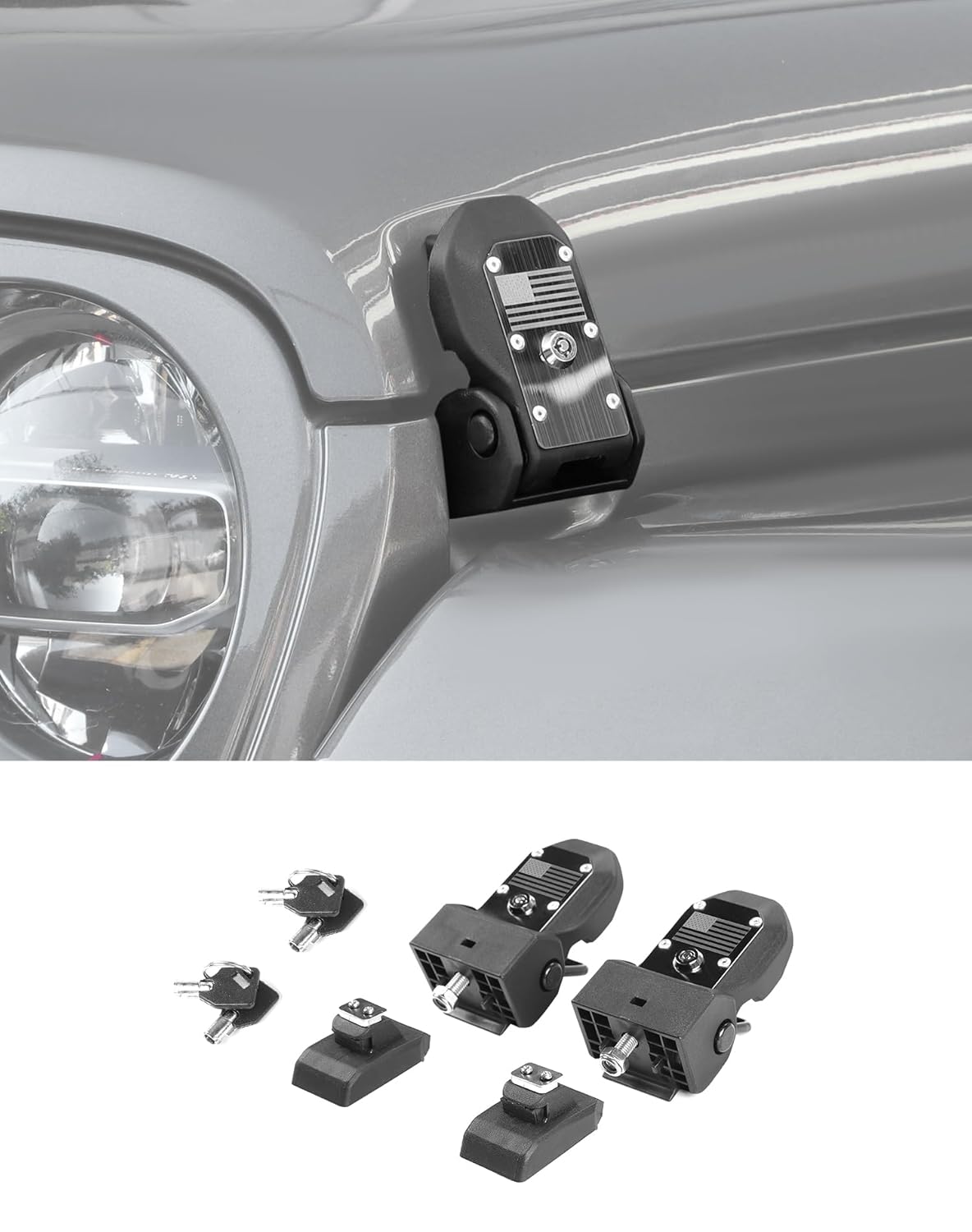 Locking Hood Latches with Keys Compatible with 2018-2025 Jeep Wrangler JL/Gladiator JT, 2pcs Anti-Theft Hood Engine Buckle Lock Catch Bonnet Fastener for Wrangler Exterior Accessories, US Flag