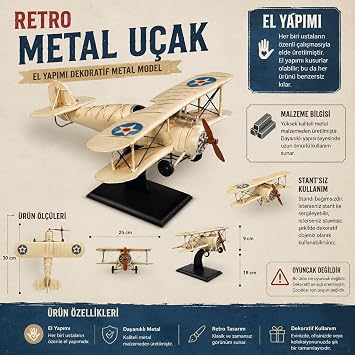 Krenva Klasik Krem Retro Metal U ak - El Yap m   ift Kanatl  Dekoratif Maket U ak Hediyelik E yalar