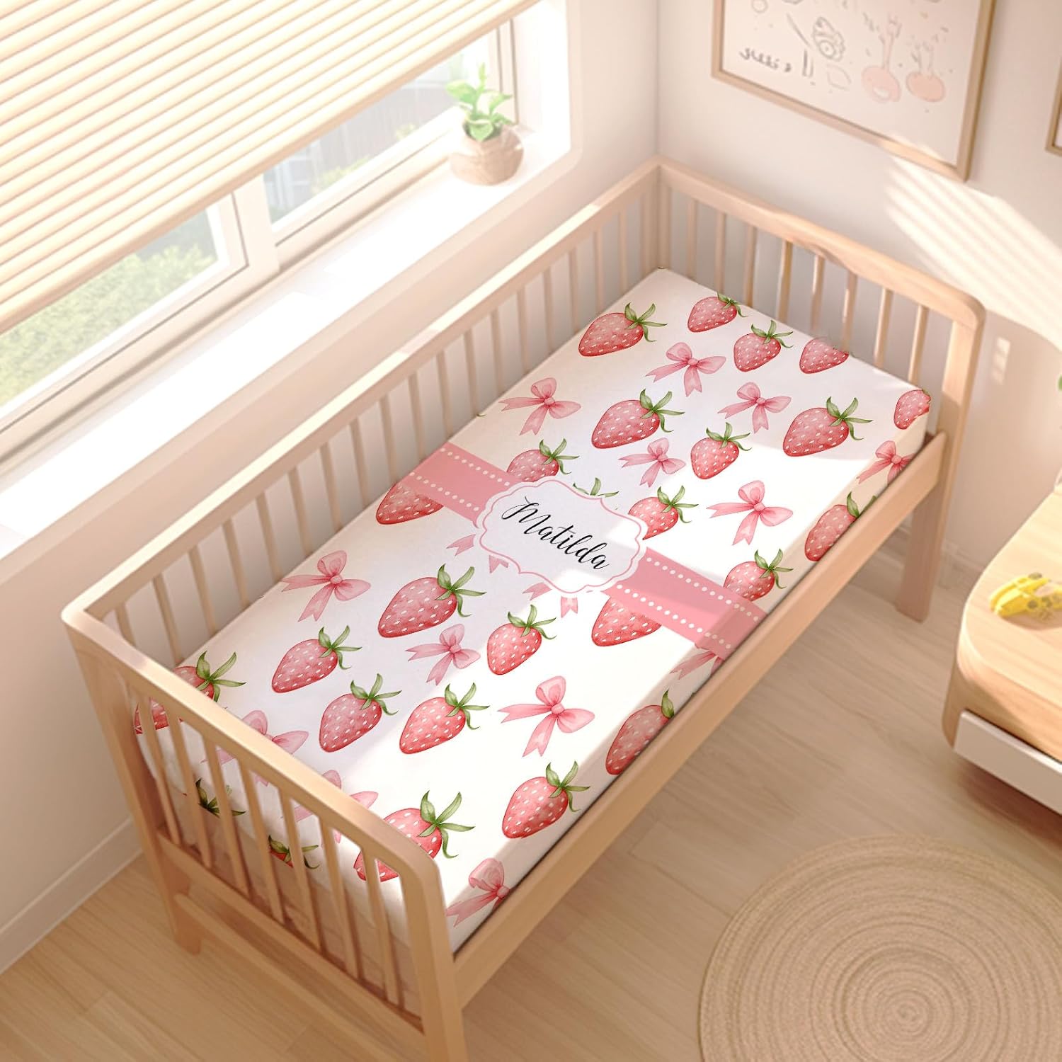Personalized Strawberry Baby Crib Bedding Set – Custom Name 3 Piece Nursery Set for Baby Girls, Soft Blanket, Fitted Crib Sheet & Pillowcase – Customized Infant & Toddler Nursery Gift